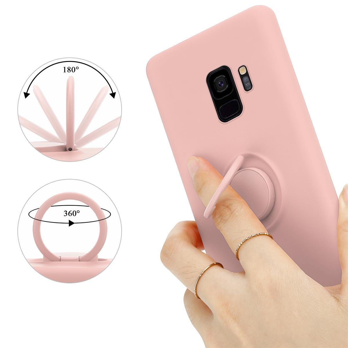 Eine rosa Handyhülle mit einem Ringhalter auf der Rückseite, mit einer Hand, die ihn benutzt, und Pfeilen für Rotation.