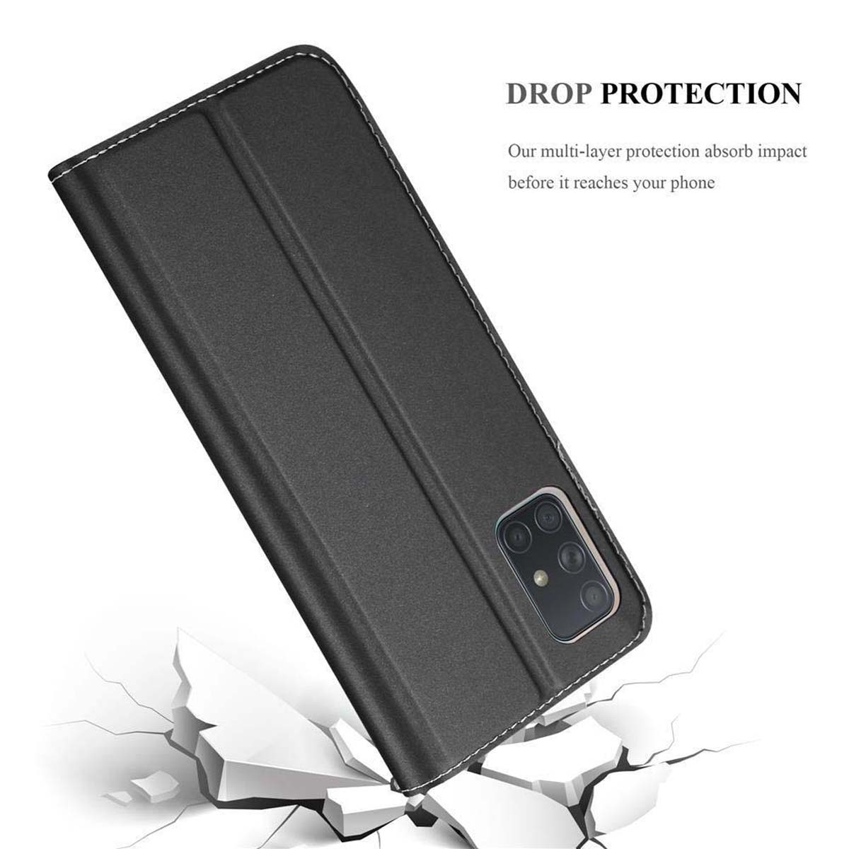 Custodia per telefono nera, aperta, su una superficie con crepe. Testo bianco: DROP PROTECTION.