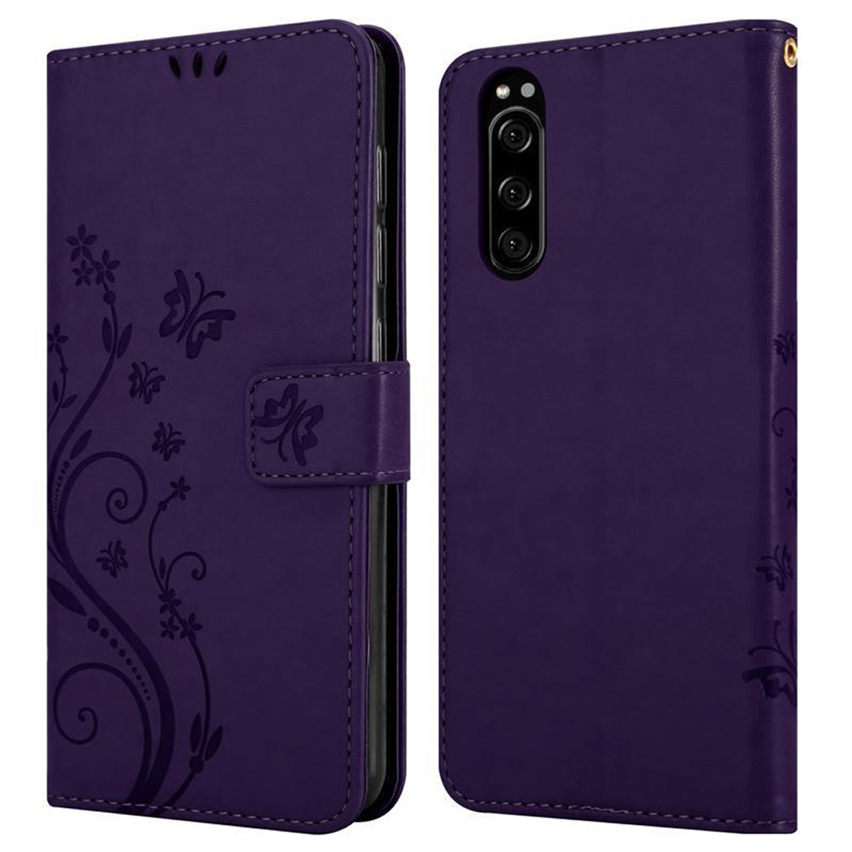 Custodia per telefono viola con un design floreale. È una custodia a portafoglio con chiusura magnetica.