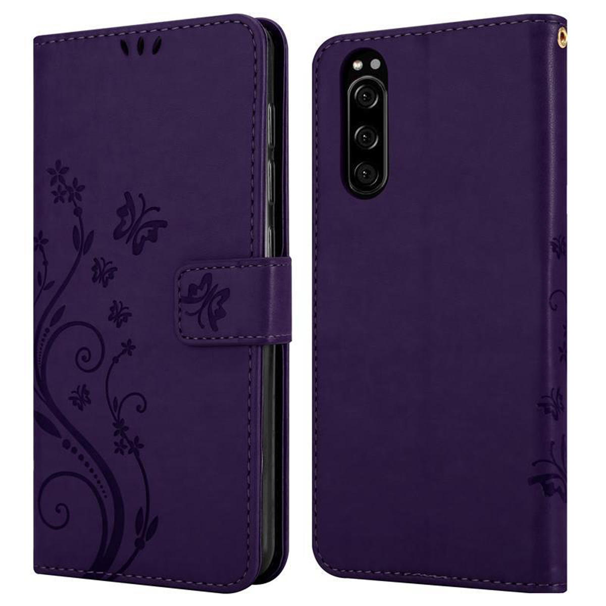 Custodia per telefono viola aperta e chiusa. Aperta mostra la fotocamera del telefono. Chiusa ha una chiusura.