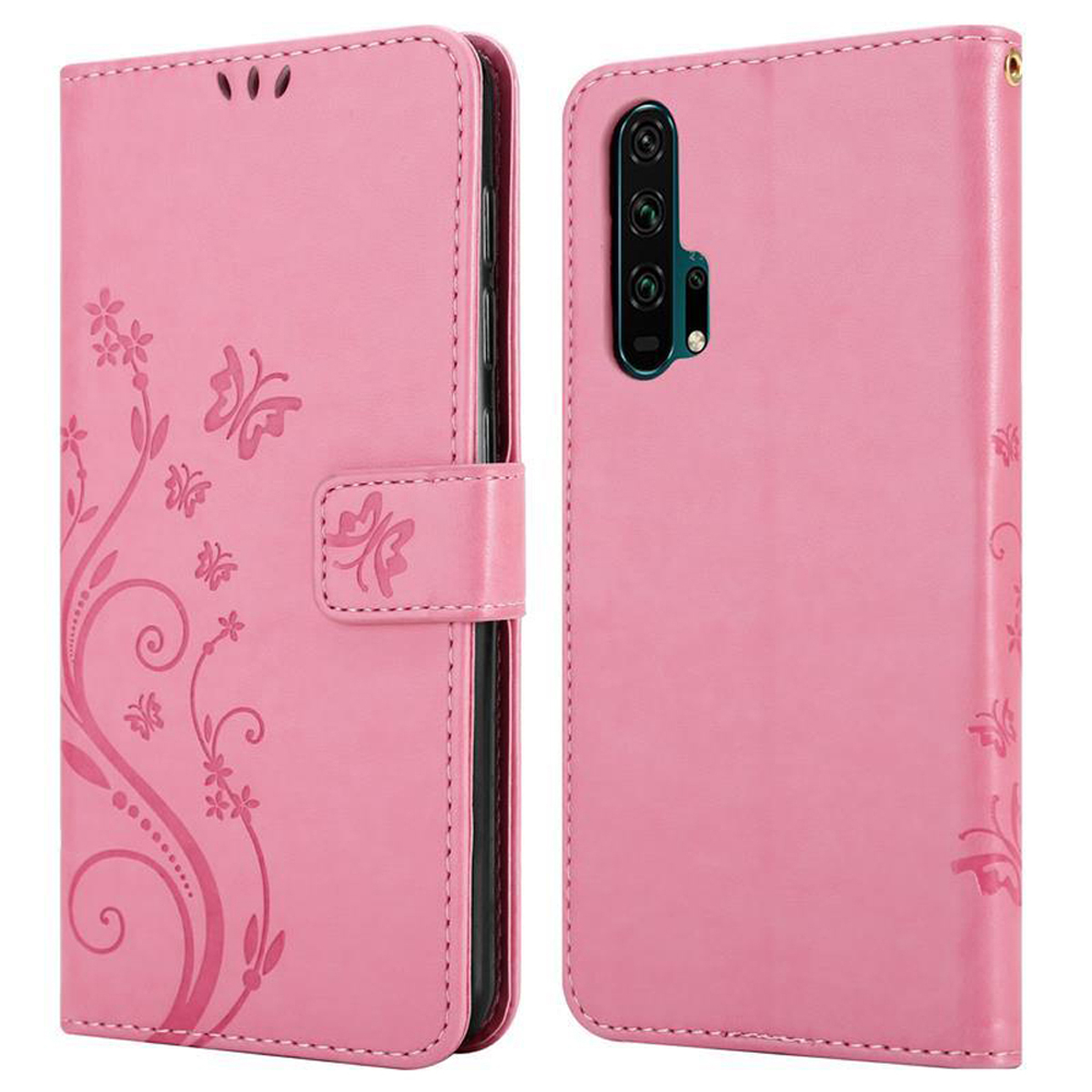 Custodia per telefono rosa, chiusa e aperta. Design floreale. La parte posteriore della custodia ha una fotocamera.