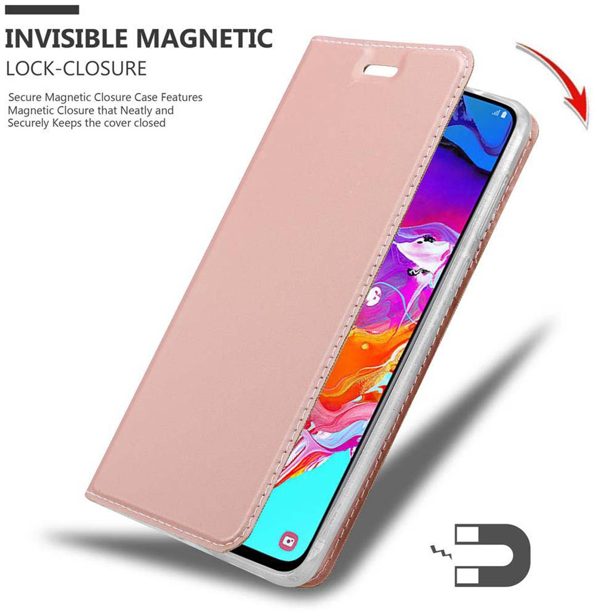 Custodia per telefono rosa, aperta, che mostra lo schermo del telefono e un dettaglio di chiusura magnetica.