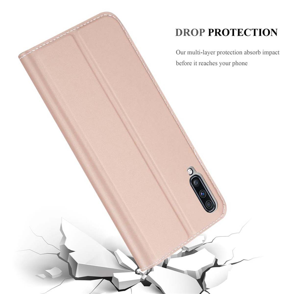 CADORABO Cover  con chiusura magnetica, funzione stand e tasca per le carte CUSTODIA A LIBRO per Samsung Galaxy A70 / A70s, Oro Rosa