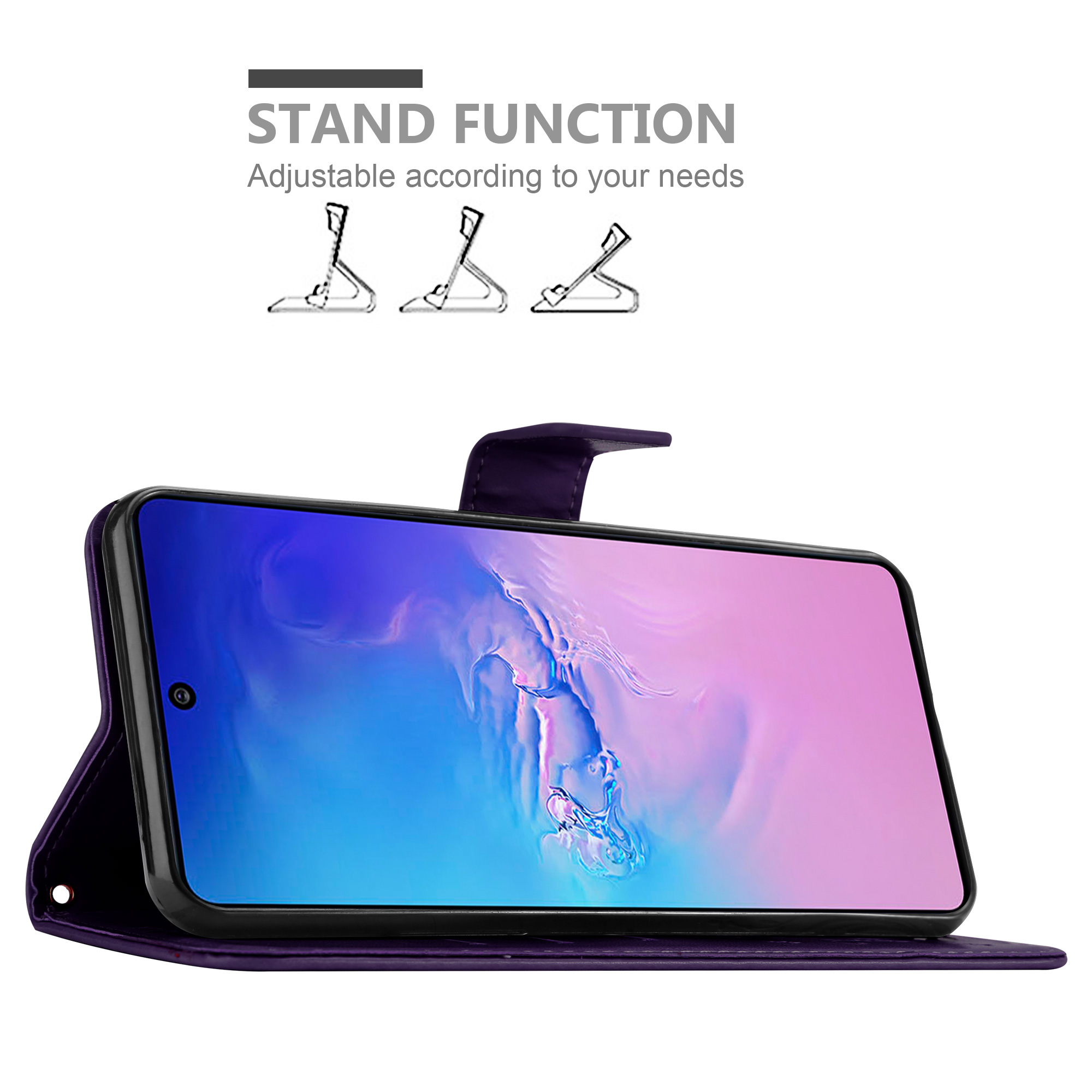 Custodia viola con funzione stand. Il telefono è sulla custodia. Testo: Funzione stand, regolabile in base alle tue esigenze.