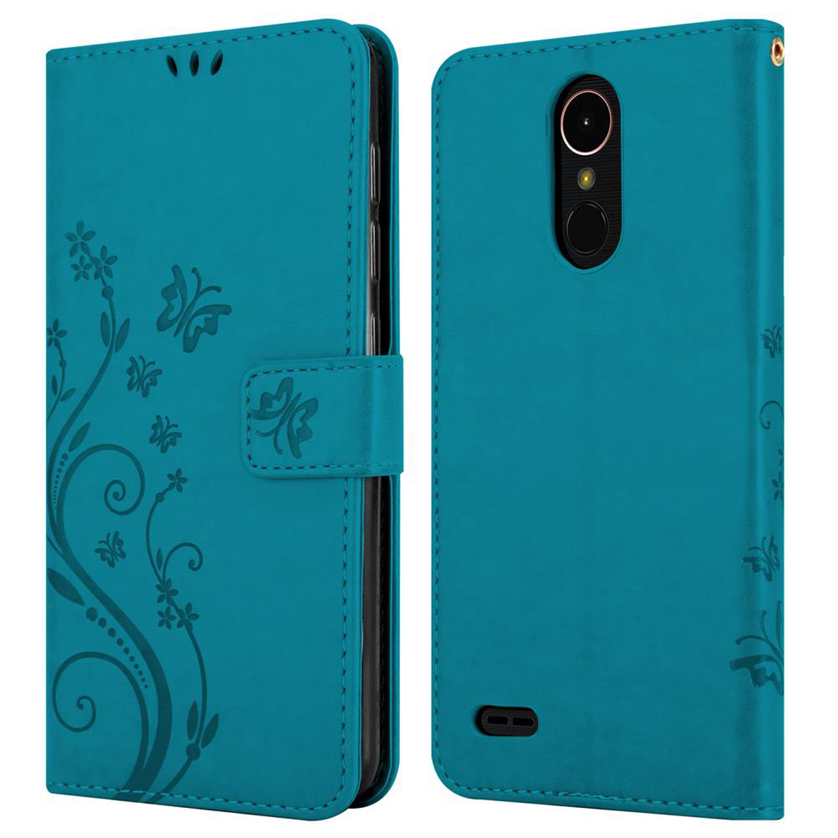 Custodia per telefono verde acqua con design floreale e farfalla.