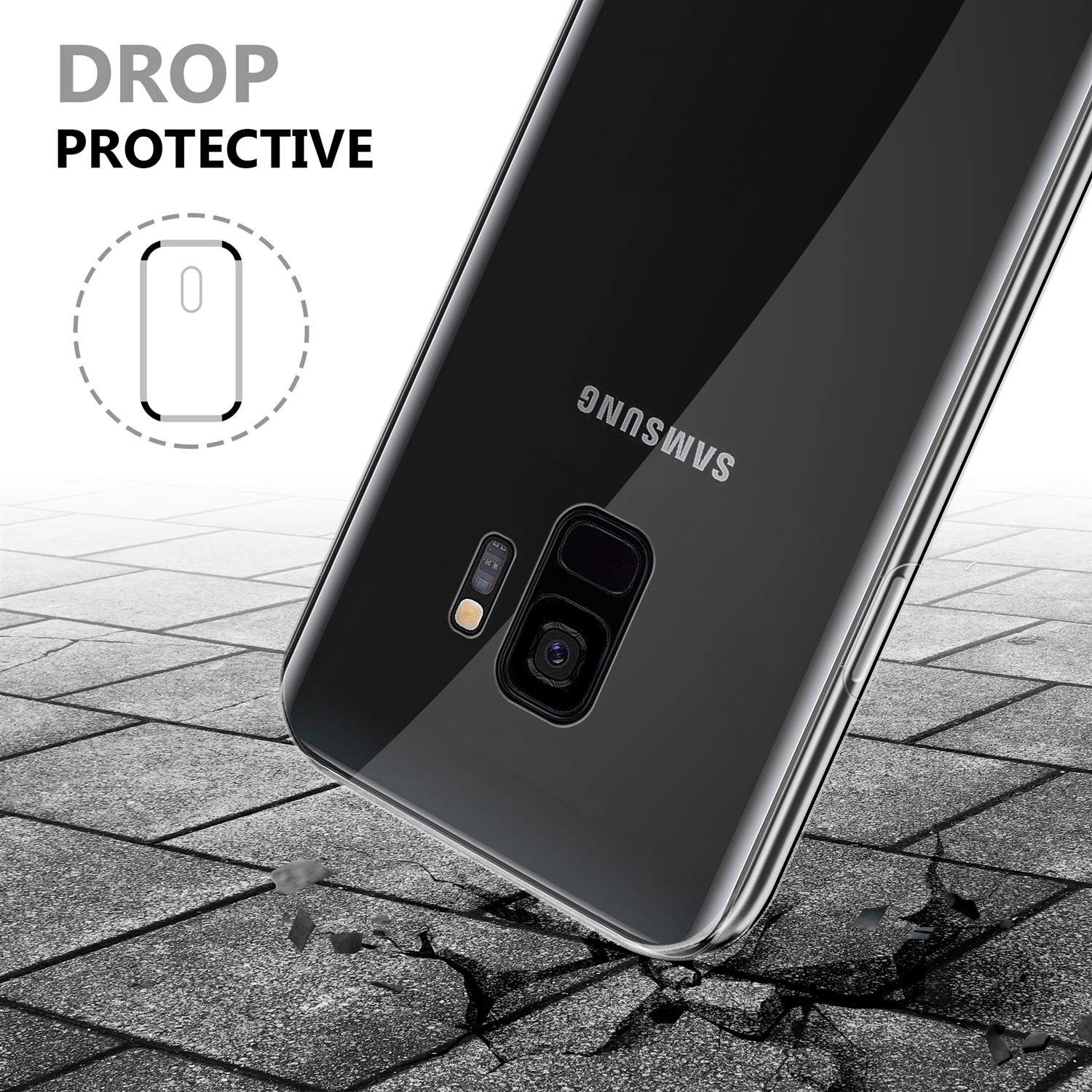 Retro del telefono Samsung nero su fondo strutturato. Sovrapposizione di testo: Protezione dalle cadute.