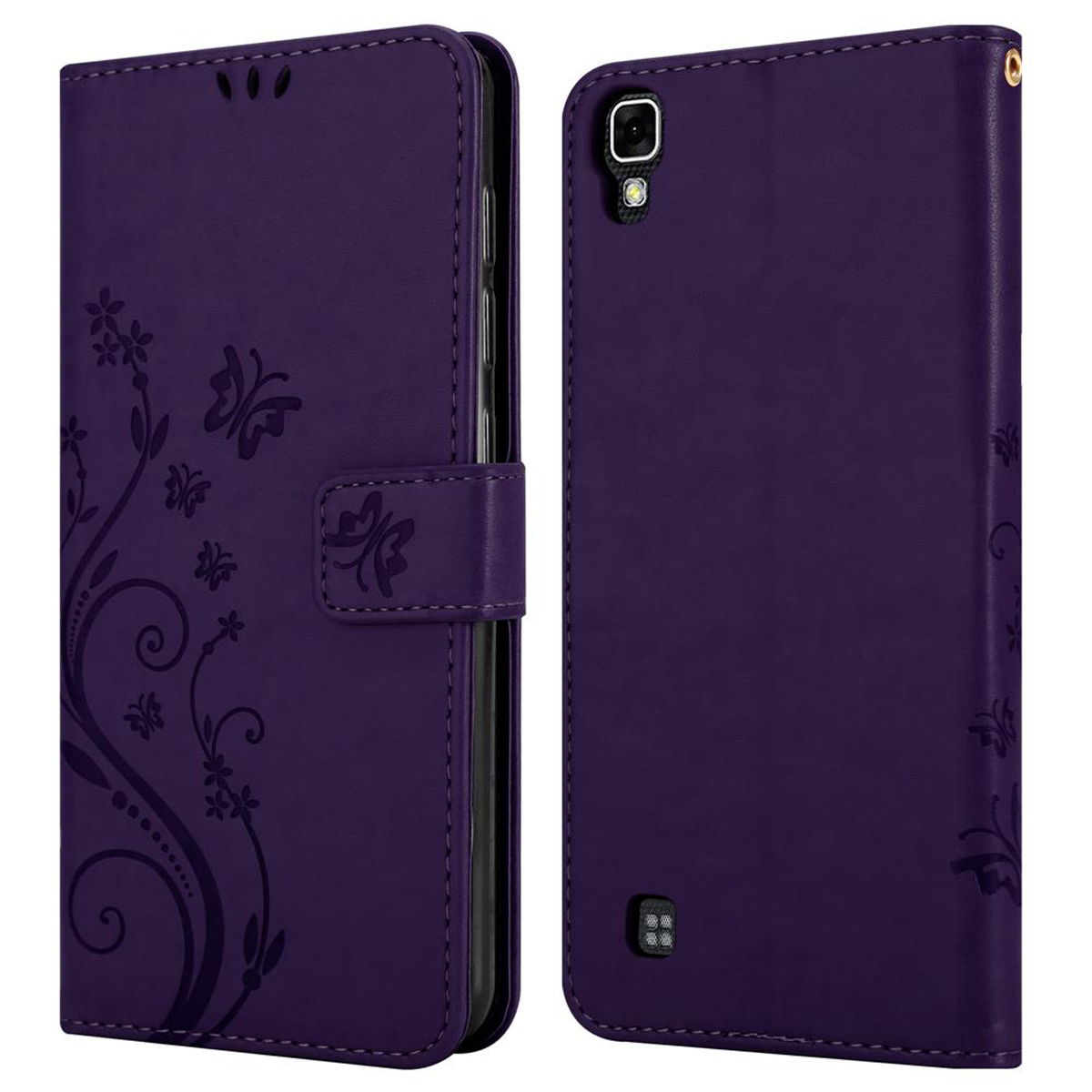 Custodia viola con design a farfalla. Vista anteriore e posteriore. Chiusura magnetica.