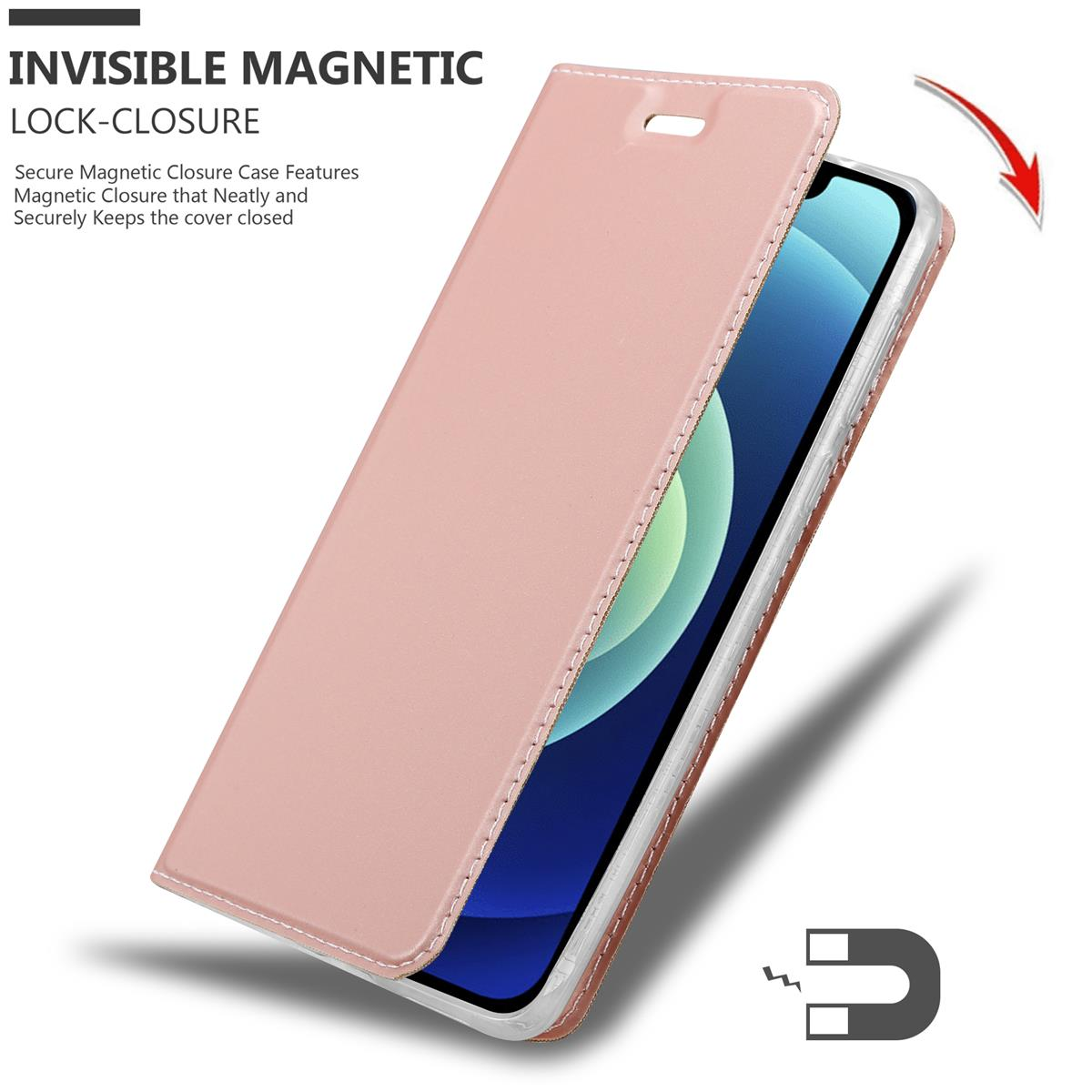 Una custodia per telefono rosa con chiusura magnetica e un telefono all'interno.