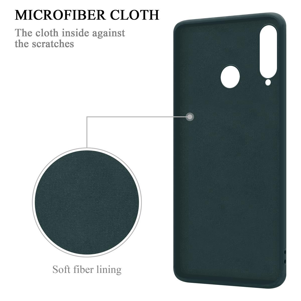 Custodia per telefono verde scuro con panno in microfibra all'interno. Sfondo bianco.