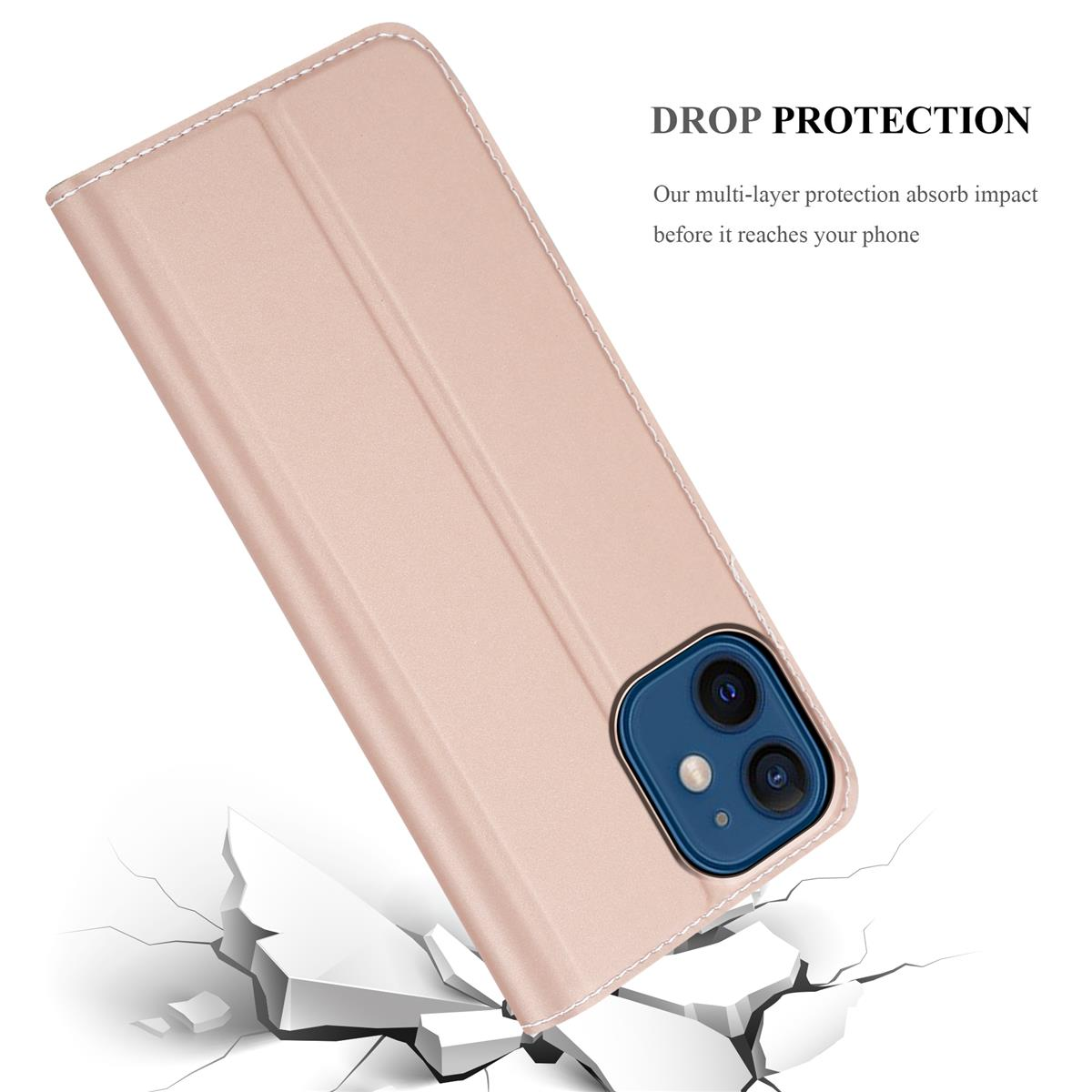 Custodia per telefono rosa, aperta che mostra il telefono, su una superficie che si rompe. Chiusura magnetica.