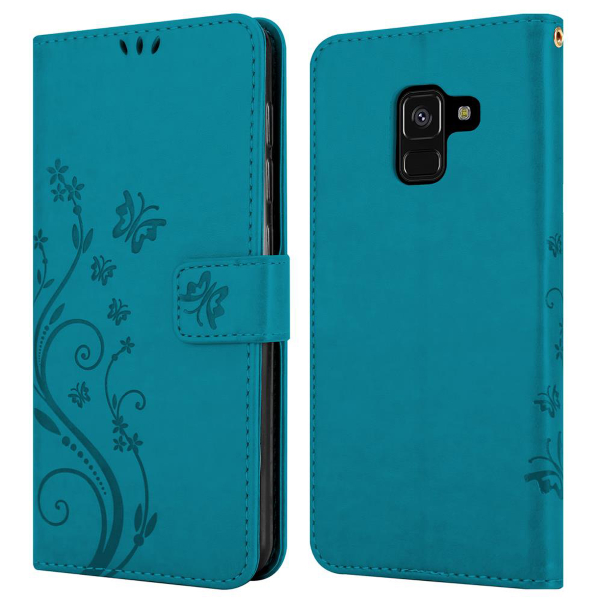 Una custodia per telefono blu, aperta per mostrare il telefono. Design floreale sul lato sinistro.