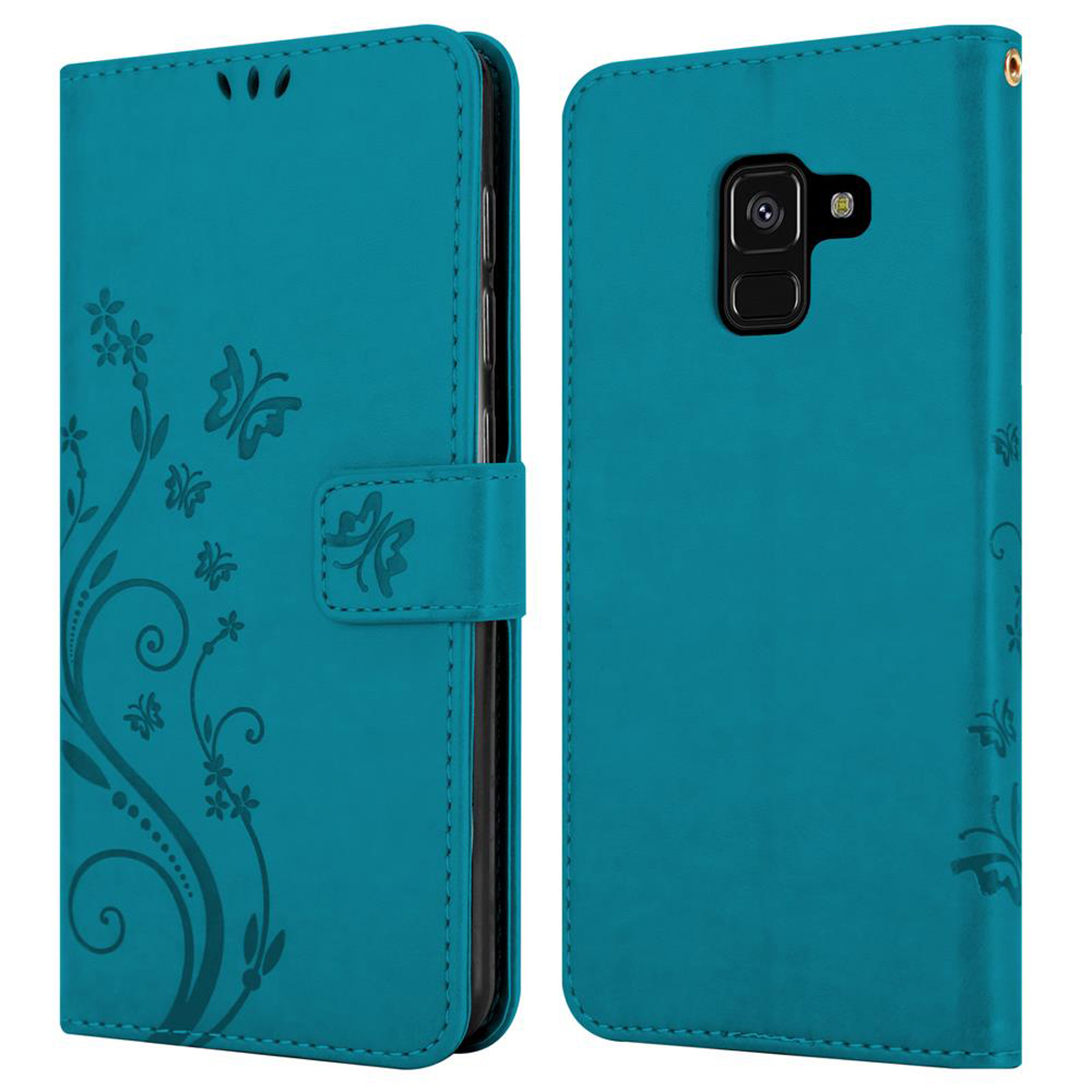 Custodia blu con design floreale. La custodia è aperta, mostrando un telefono.