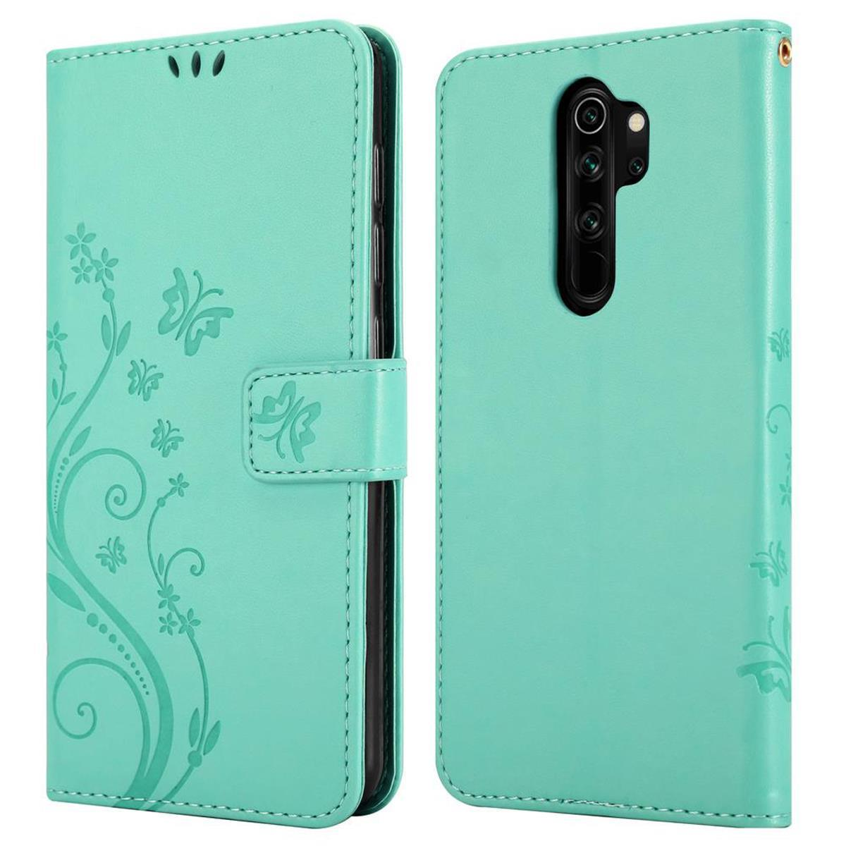 Custodia verde menta, stile a libro. Design floreale sul davanti, telefono sul retro. Chiusura magnetica.