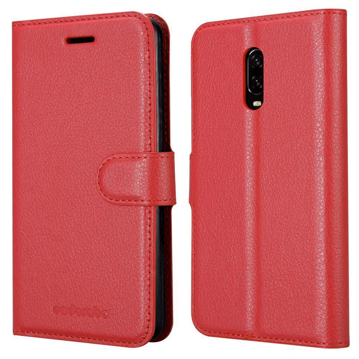 Rote Handyhülle mit offenem Deckel. Das Telefon hat eine rote Hülle.