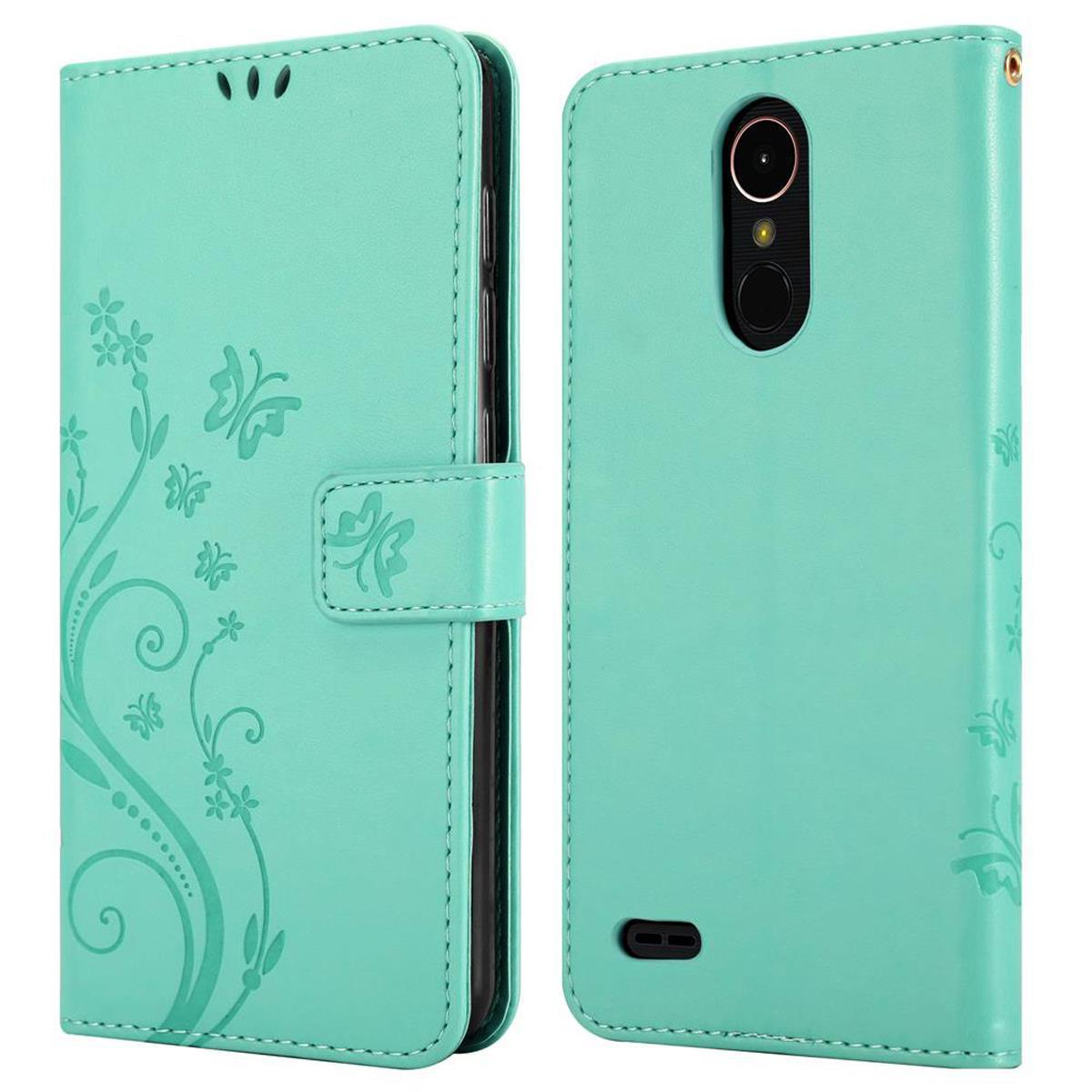 Una custodia verde menta per telefono con un design floreale e chiusura magnetica, vista aperta e chiusa.