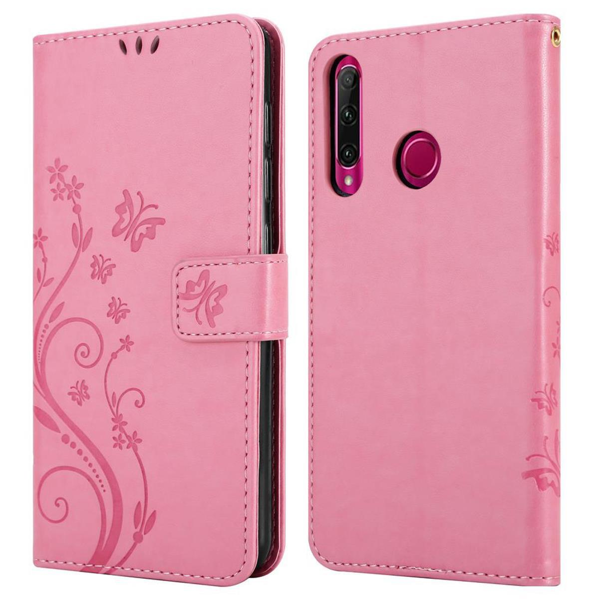 Custodia rosa per telefono. La parte anteriore ha un motivo a farfalla. Il retro ha una fotocamera e un pulsante.