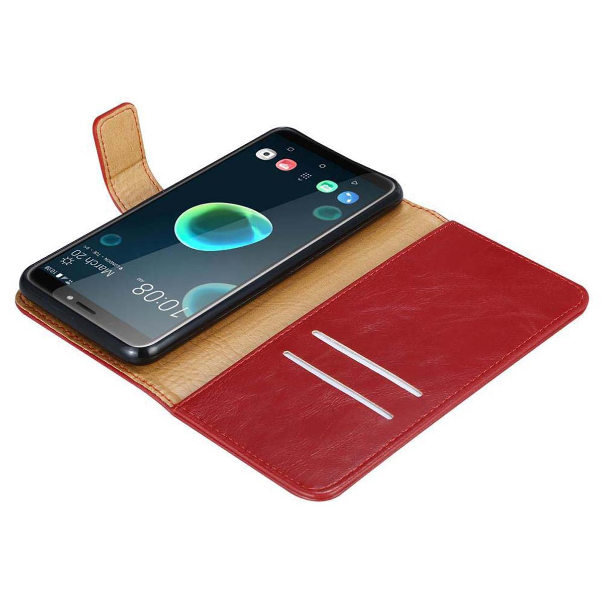 Schwarzes Telefon in roter Brieftaschenhülle, geöffnet. Zeigt den Telefonbildschirm. Eine 50-Euro-Note ist sichtbar.