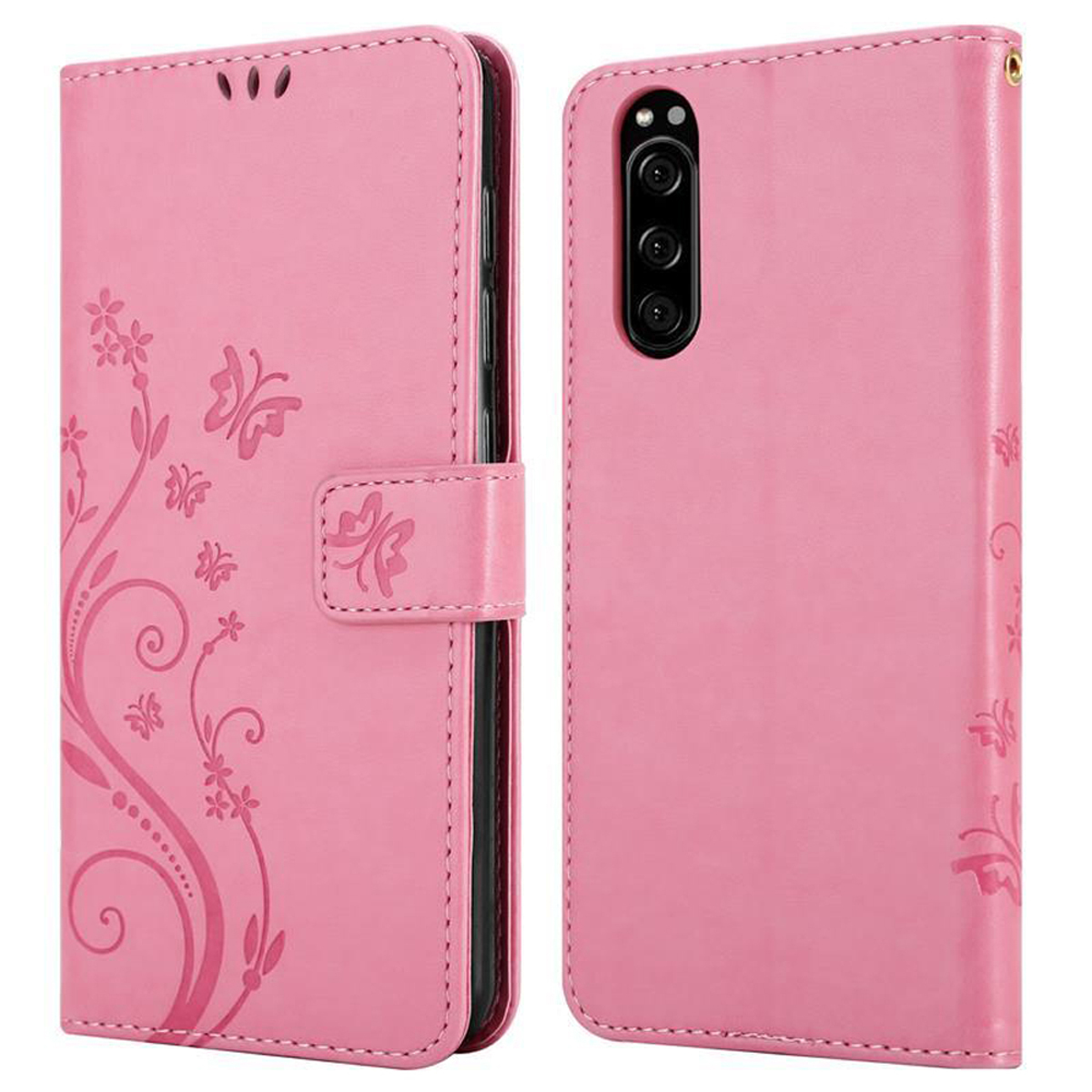 Custodia rosa per telefono con design floreale a sinistra, dettaglio farfalla davanti.