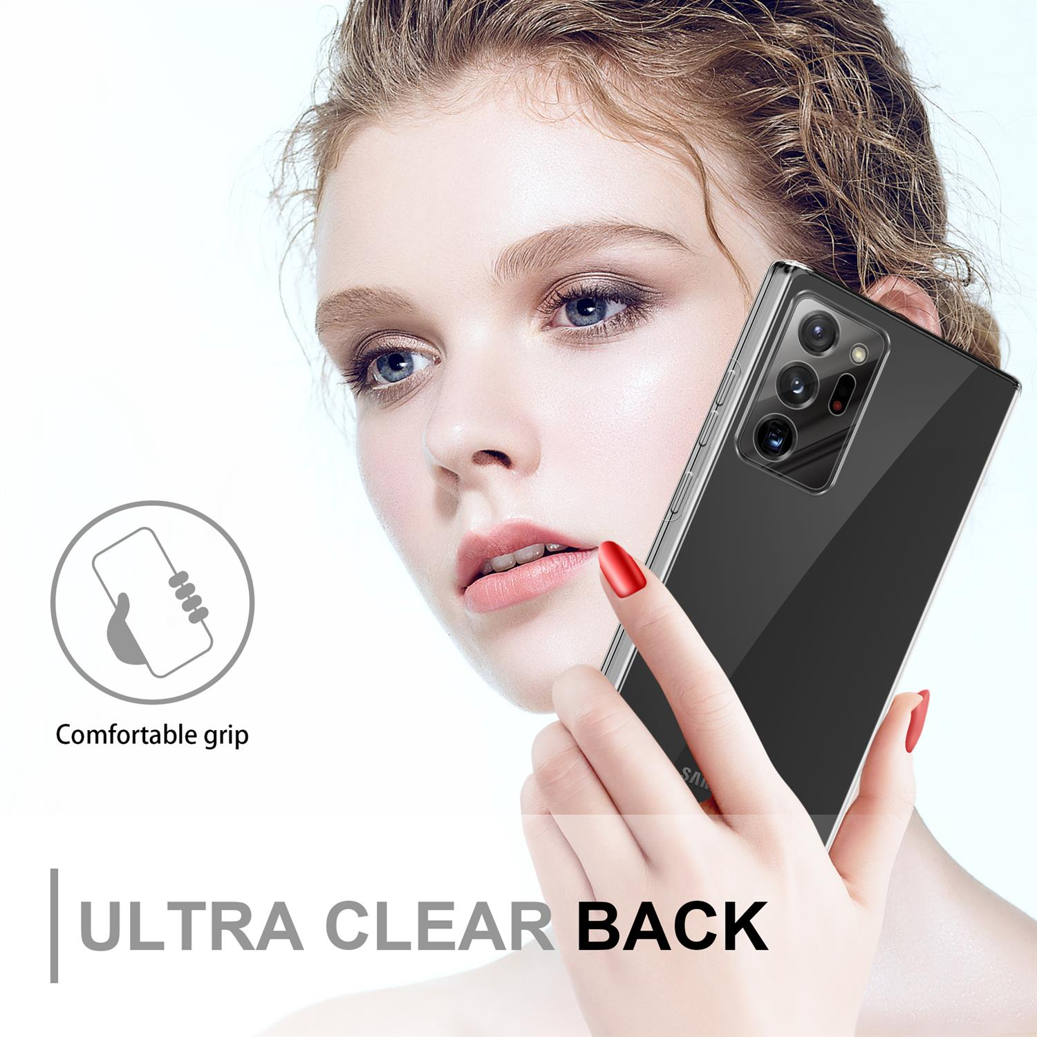 Donna che tiene una custodia trasparente per telefono con un telefono nero all'interno e il testo 'ULTRA CLEAR BACK'.