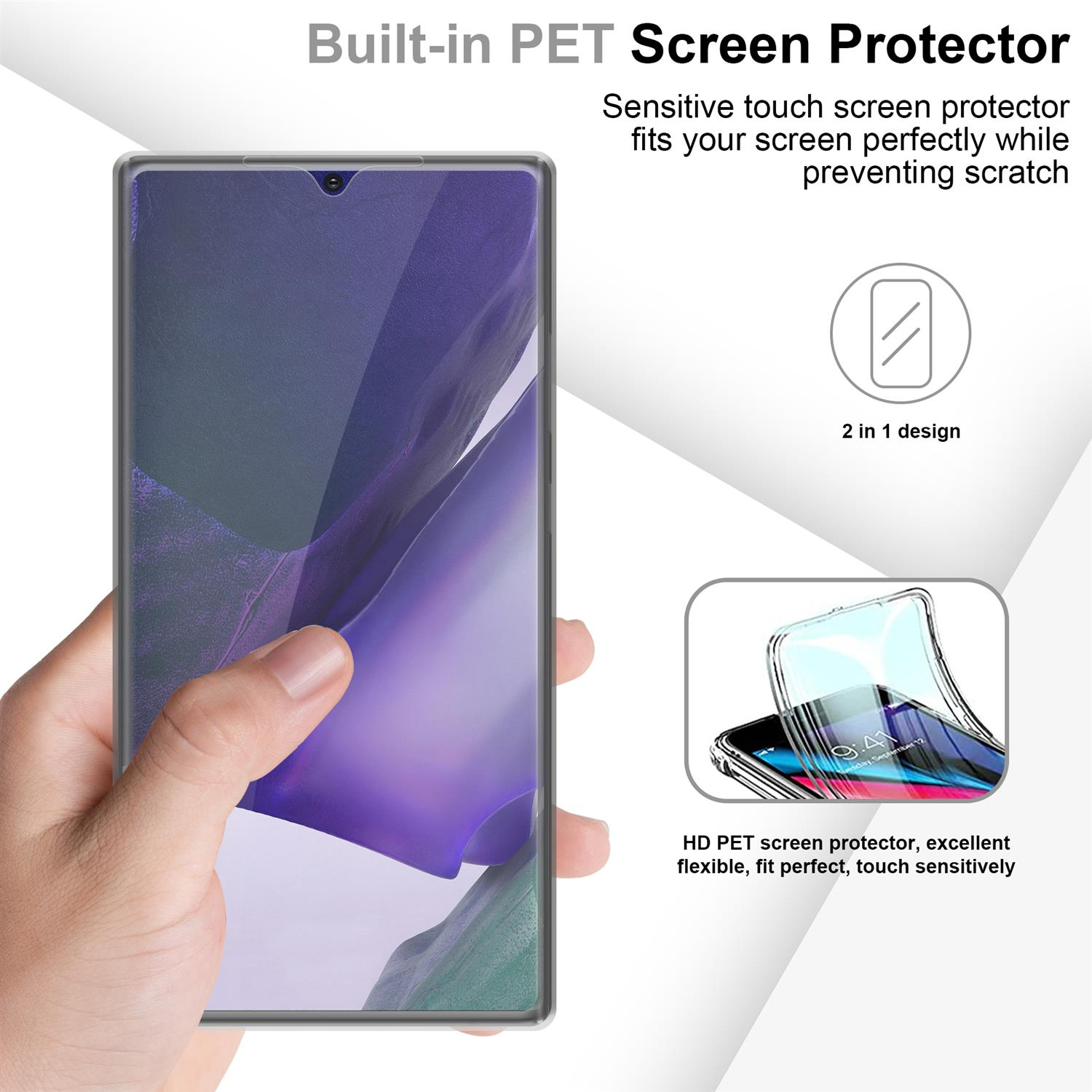 Mano che tiene un telefono con protezione schermo, con testo e grafica.