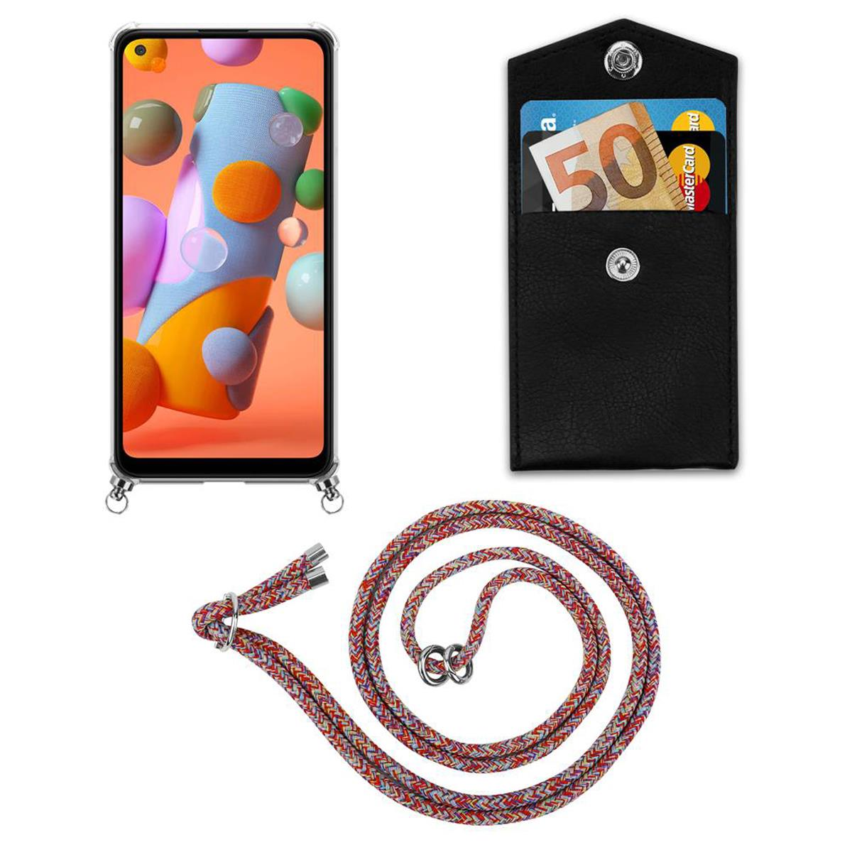 M11, Ringen, Backcover, Samsung, PARROT Silber Galaxy A11 und Hülle, Handy mit CADORABO Kordel / Band abnehmbarer COLORFUL Kette