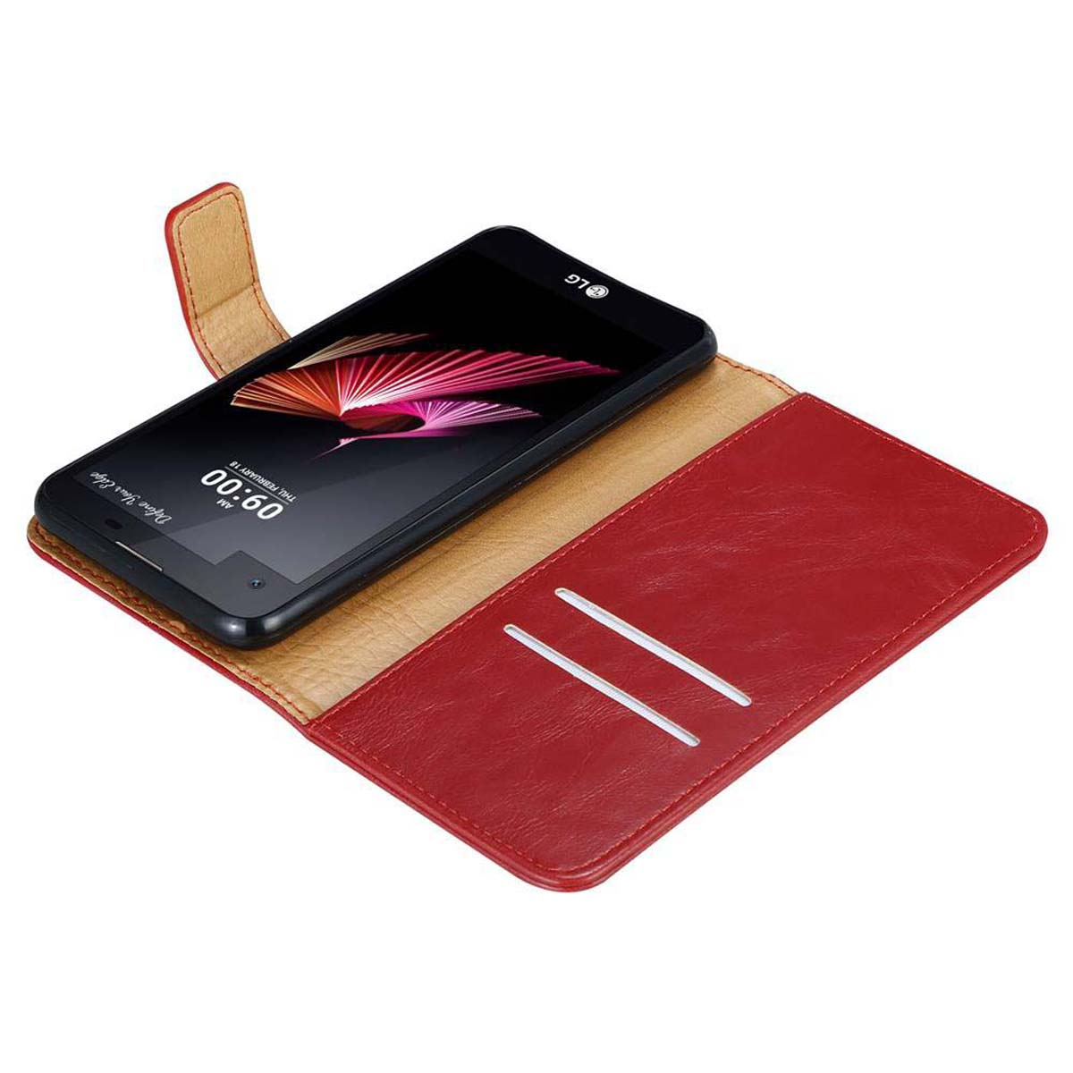 Rote Handyhülle offen, Telefon darin. Der Bildschirm zeigt Uhrzeit und Datum.
