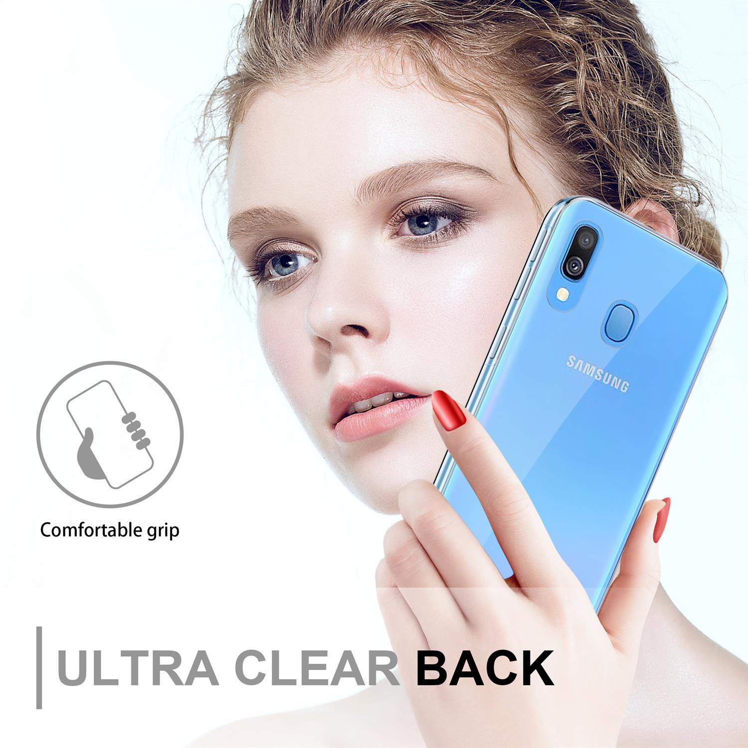 Frau hält ein blaues Samsung-Telefon. Das Telefon befindet sich in einer transparenten Hülle. Text lautet 'ultra clear back'.