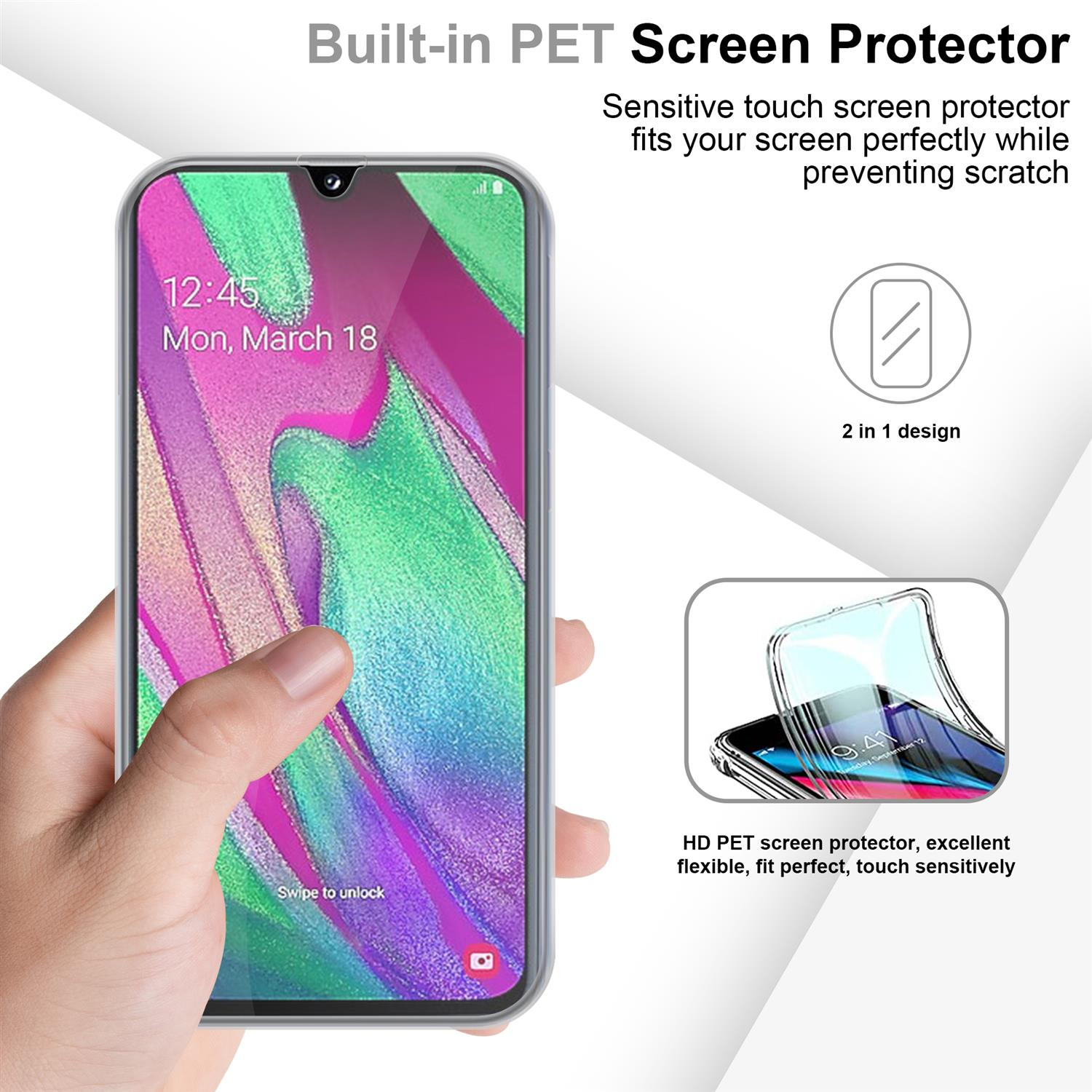 Hand hält Telefon mit Displayschutz. Text: Built-in PET Screen Protector. Infografiken.