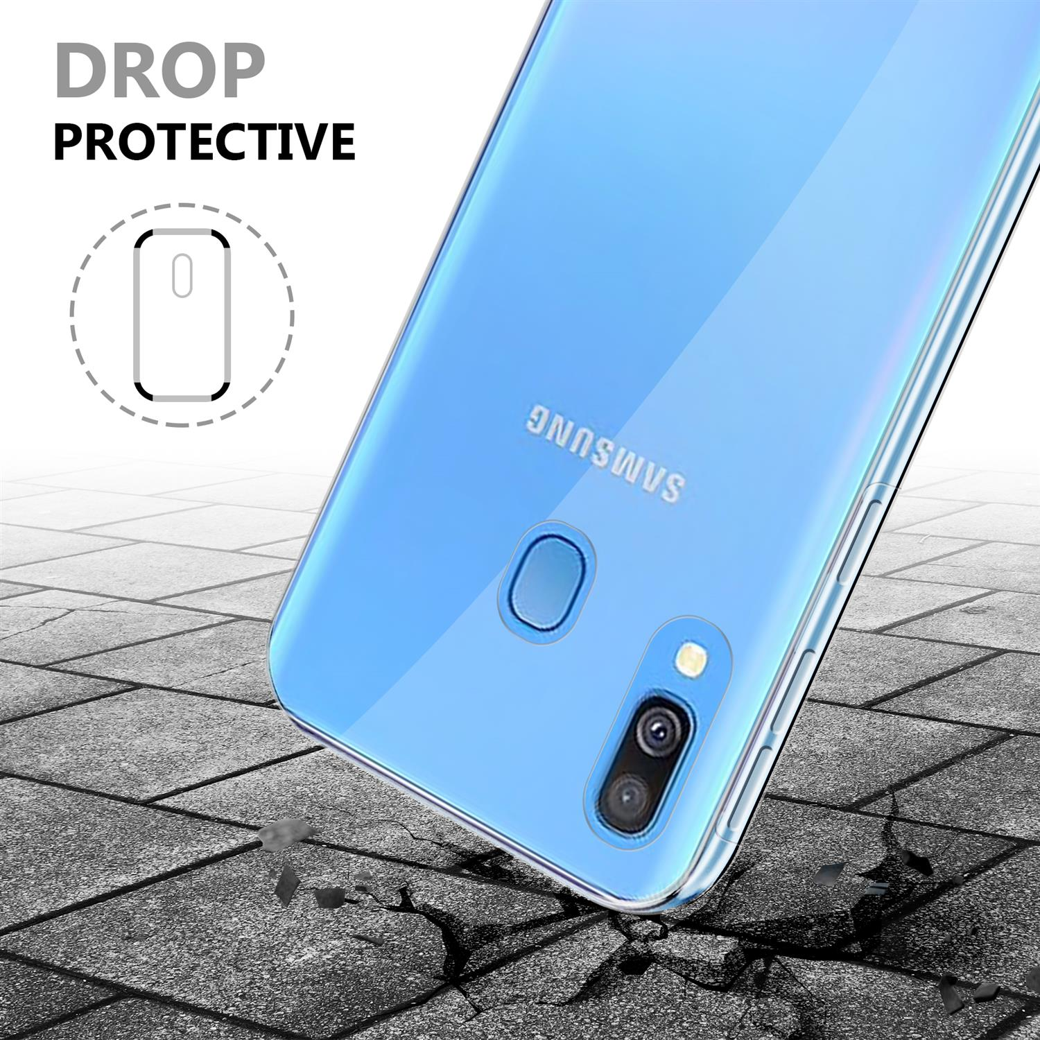Blaue Handyhülle, Rückansicht, mit Aufschrift „Drop Protective“. Das Telefon liegt auf einer gefliesten Oberfläche.