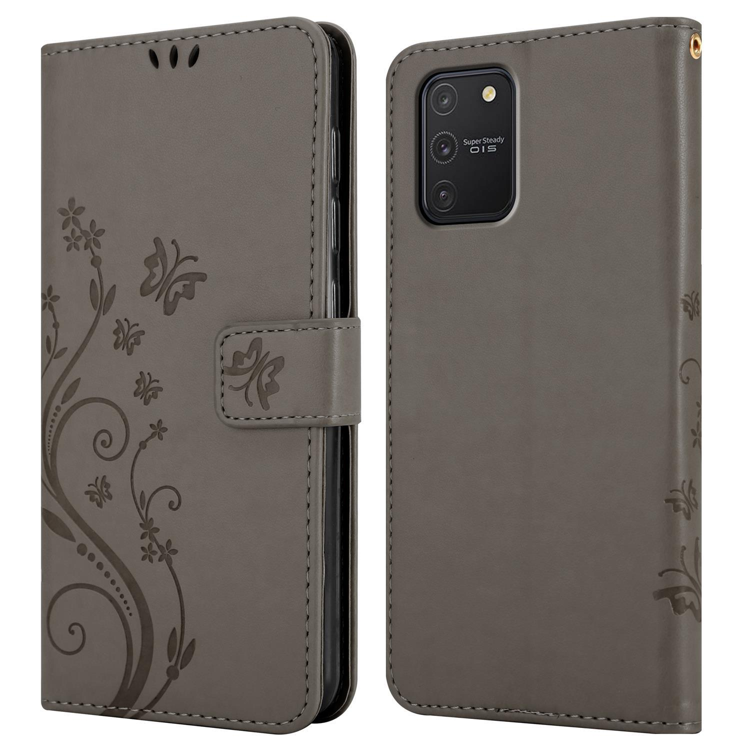 Custodia per telefono, grigia con design floreale. La custodia del telefono è aperta, mostrando il telefono e la cover.