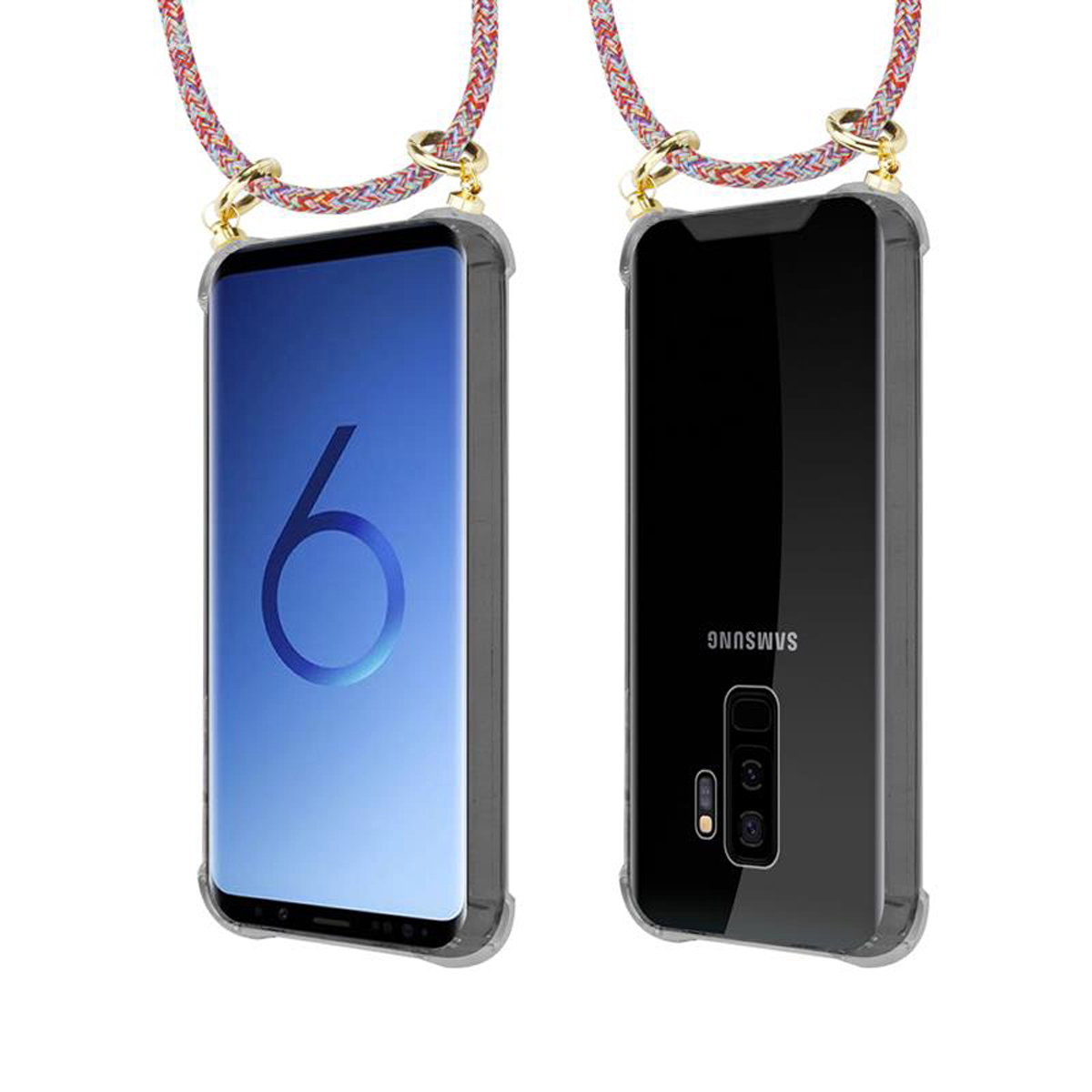 Zwei Telefone mit Hüllen und Halsbändern. Ein Telefon hat einen blauen Bildschirm. Das andere hat die Rückseite.