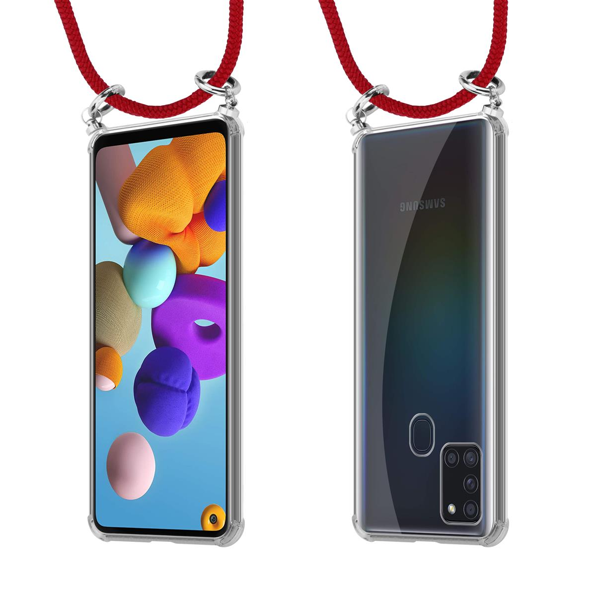 Telefono in custodia trasparente con cordino rosso. Lo schermo mostra forme colorate.