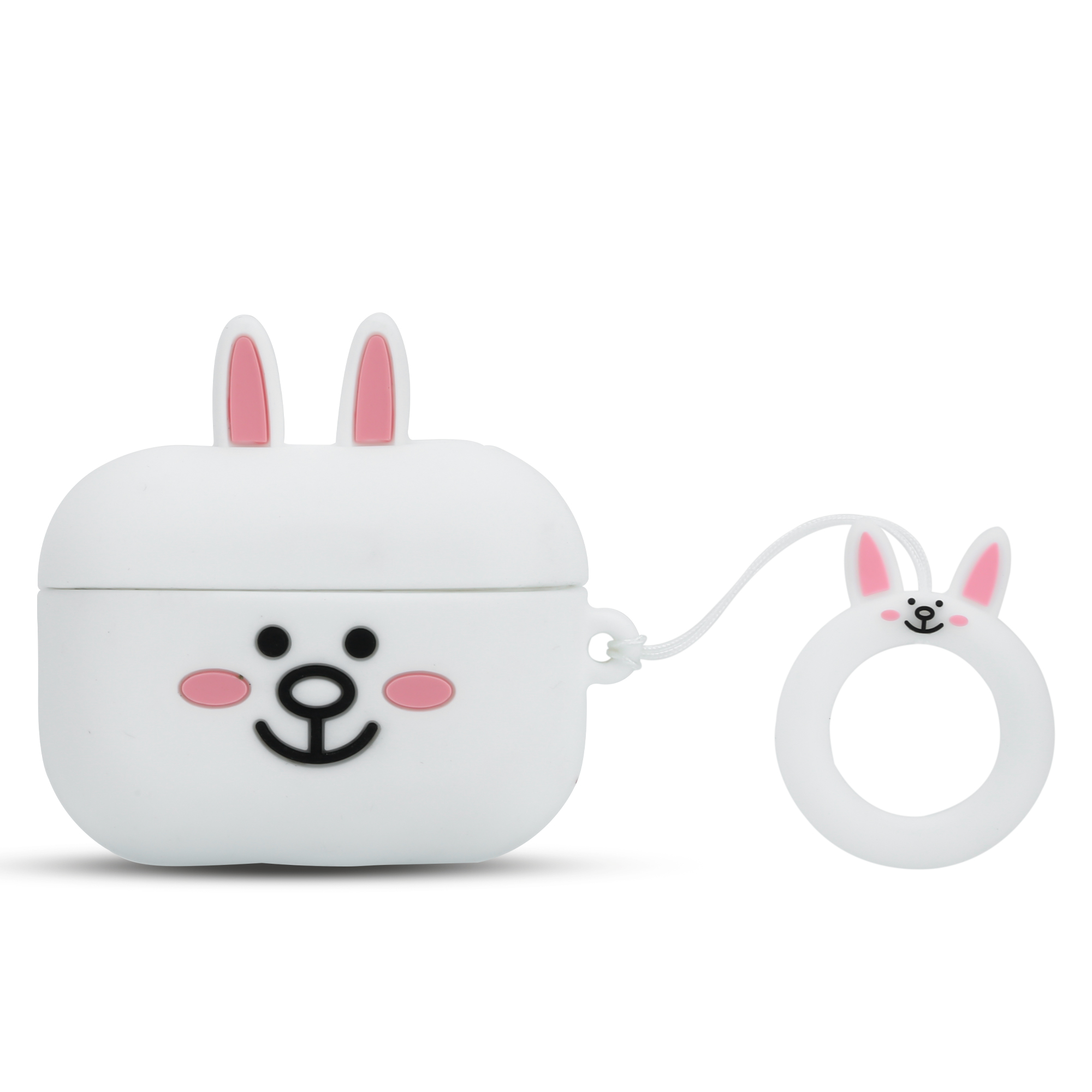 Weißes AirPod-Case in Hasenform mit rosa Ohren und Wangen. Ein passender Ring ist angebracht.