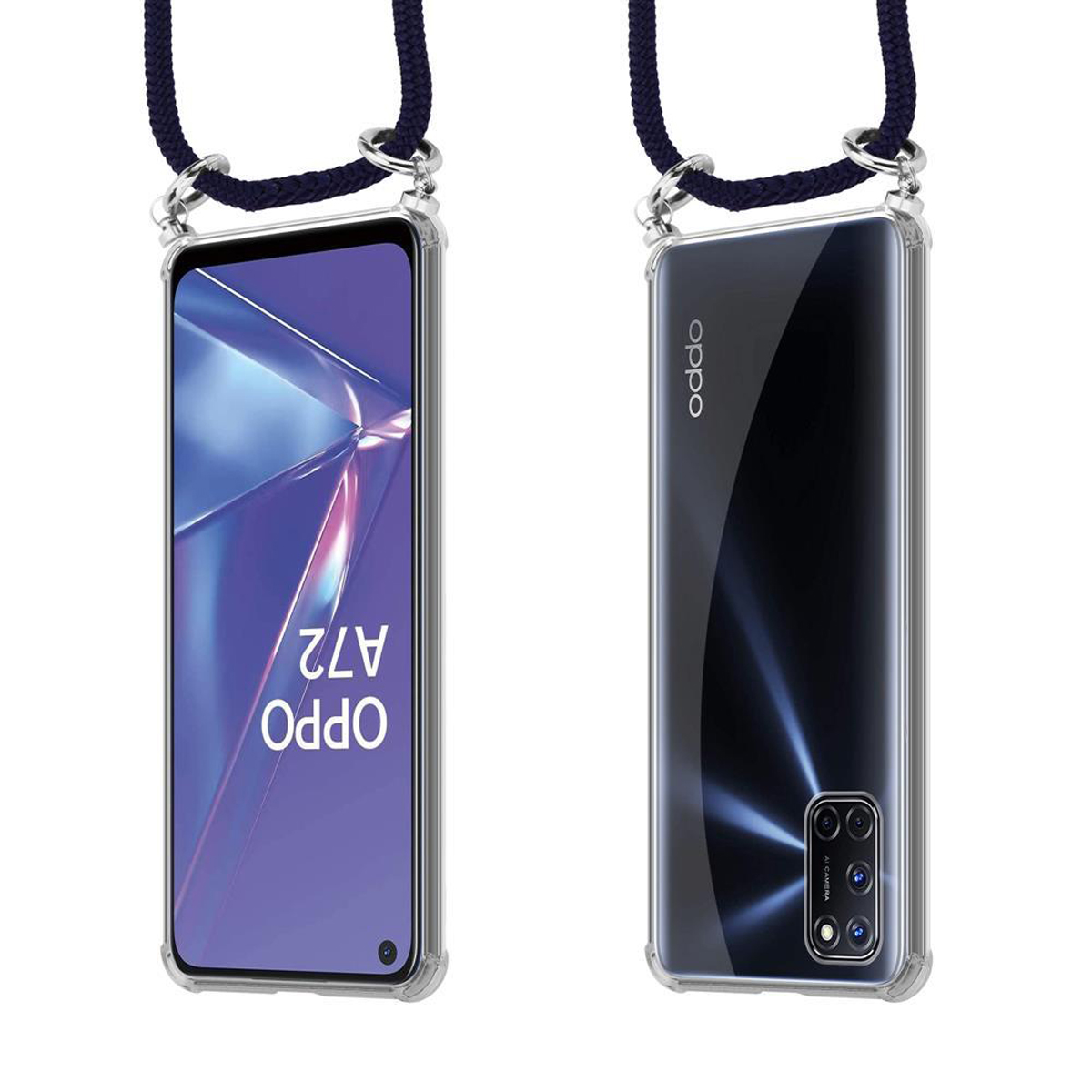 Telefon in klarer Hülle mit dunkelblauem Schlüsselband. Zeigt Vorder- und Rückseite. Oppo A72 Modell.