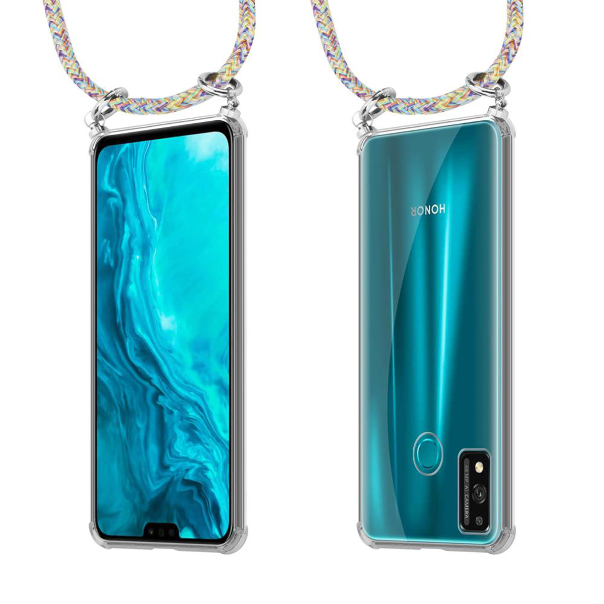 Telefono con schermo verde acqua in custodia trasparente, appeso a una corda intrecciata colorata.