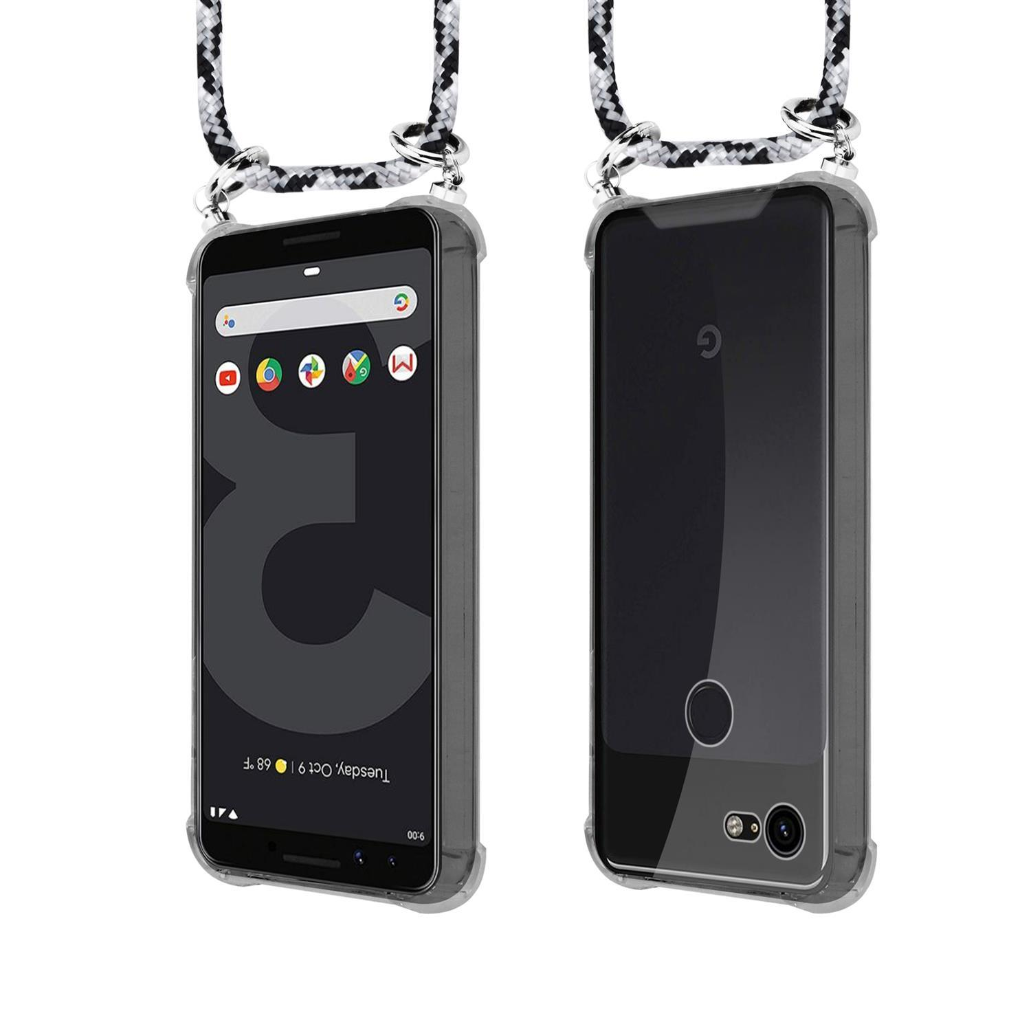 Zwei Handyhüllen mit schwarz-weißem Seilriemen, eine mit Startbildschirm.