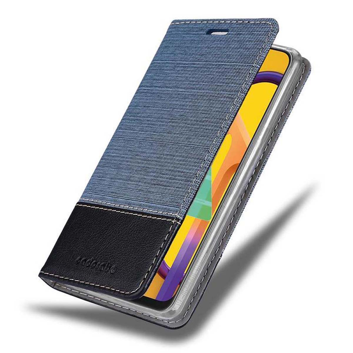 Handyhülle im Jeans-Stil, offen. Telefon mit gelbem Bildschirm.