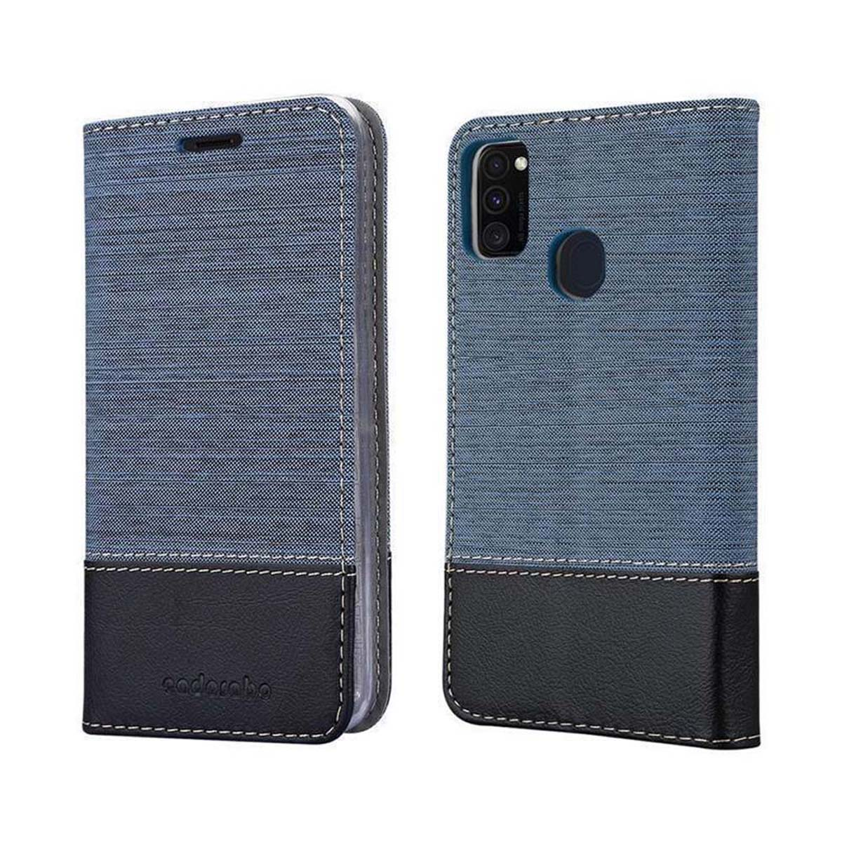 Custodia per telefono blu e nera. Un lato aperto, l'altro con fotocamera.