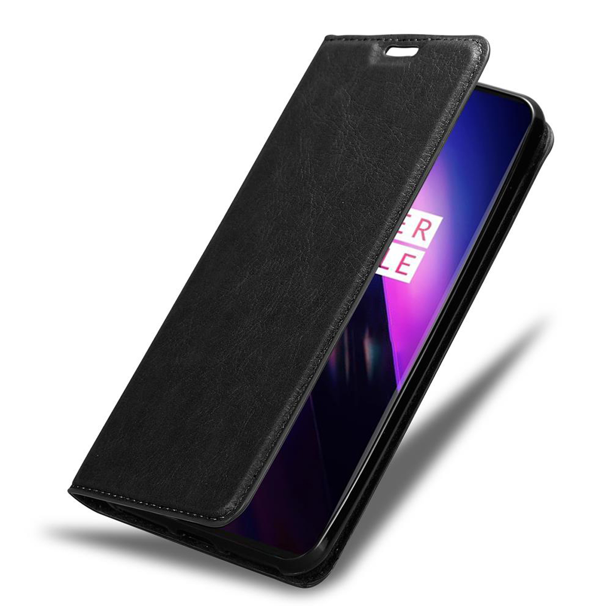 Schwarze Leder-Handyhülle offen. Zeigt den Telefonbildschirm. Innenansicht.