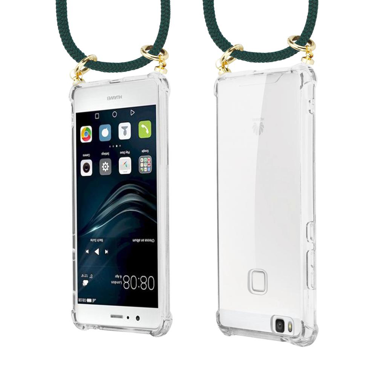 Telefono con cordino verde e custodia trasparente. Lo schermo mostra le app e l'ora.