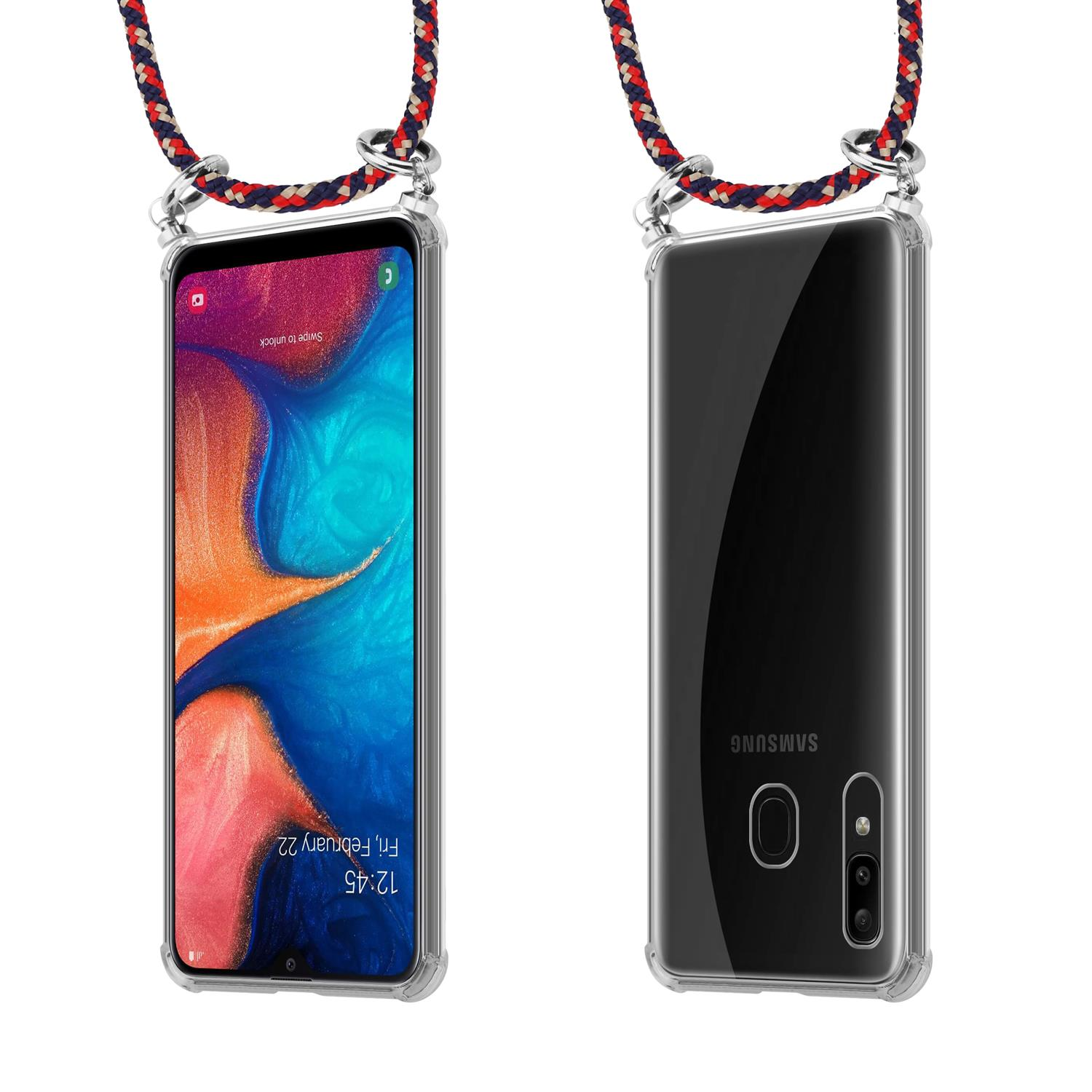 Telefono in custodia trasparente con cordino. Il telefono mostra una grafica astratta blu e arancione. Il cordino è rosso.