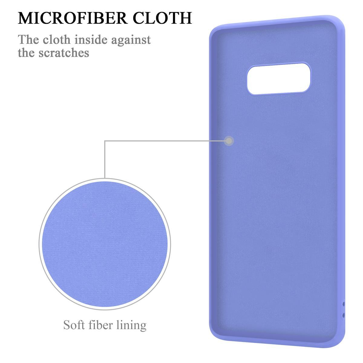 Eine lavendelfarbene Handyhülle mit Mikrofaserfutter innen und dem Text "MICROFIBER CLOTH".