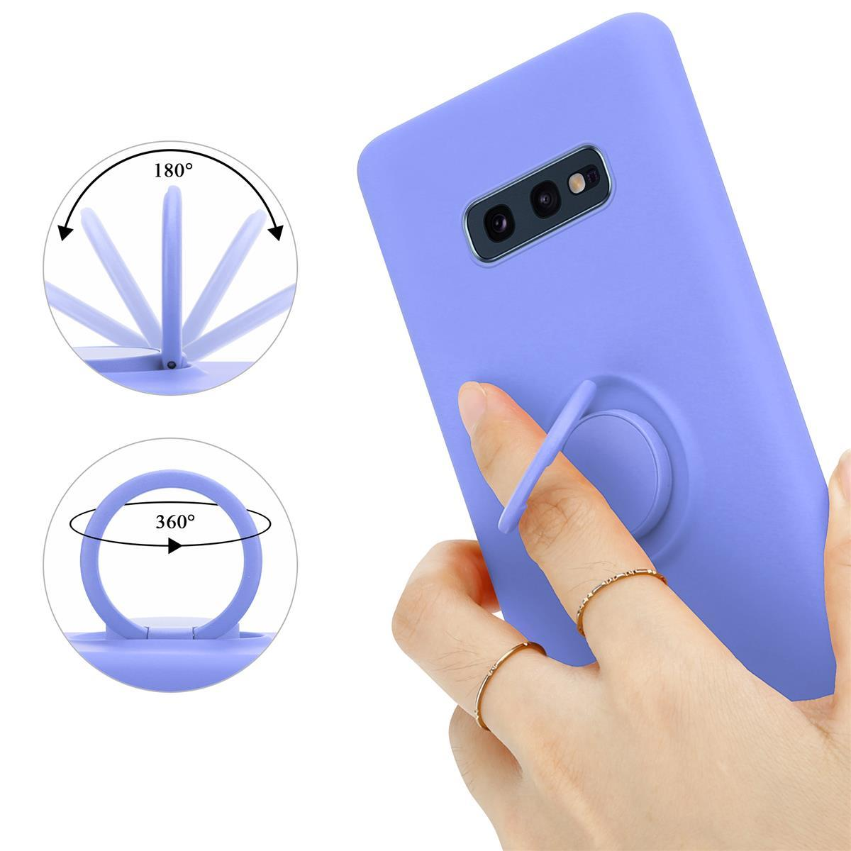 Eine lila Handyhülle mit Ringhalter. Der Ring kann sich um 180 und 360 Grad drehen. Hand hält es.