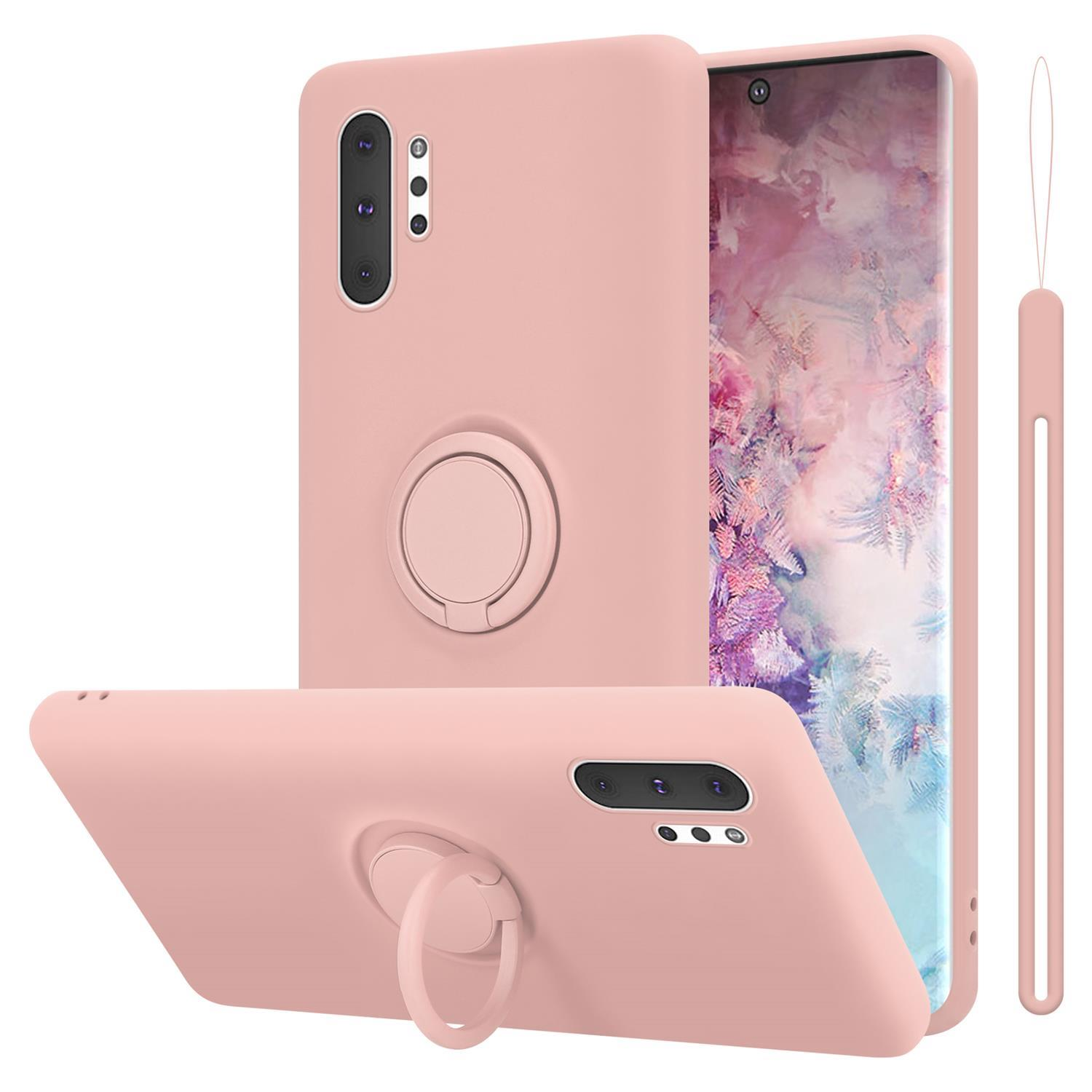 Custodia per telefono rosa con supporto ad anello e telefono.