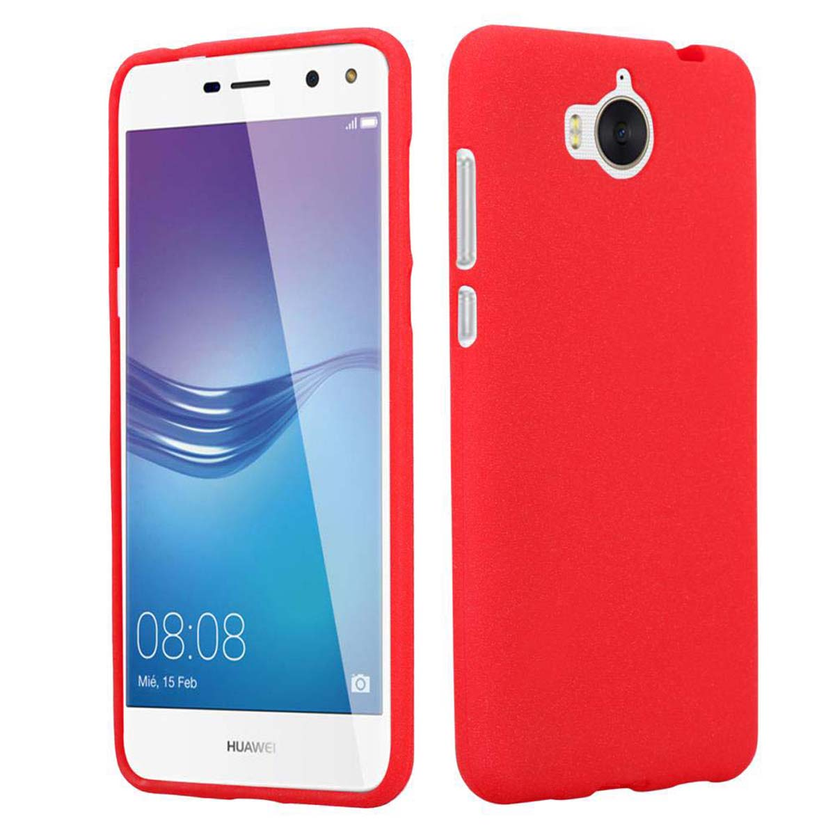 Un telefono rosso e la sua custodia. Il telefono mostra l'ora e la custodia è anch'essa rossa.