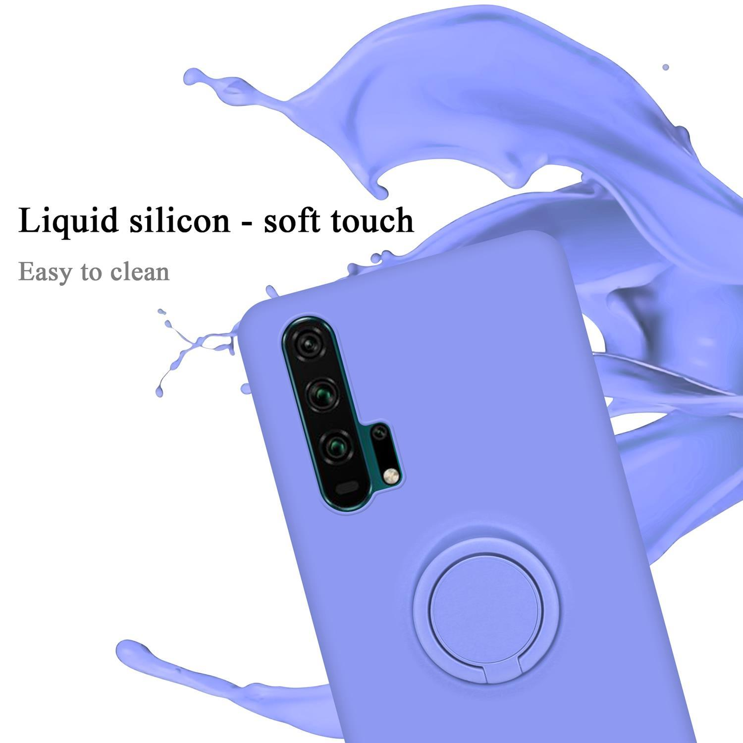 Una custodia per telefono viola chiaro con un supporto ad anello. Schizzi di liquido viola dietro la custodia.