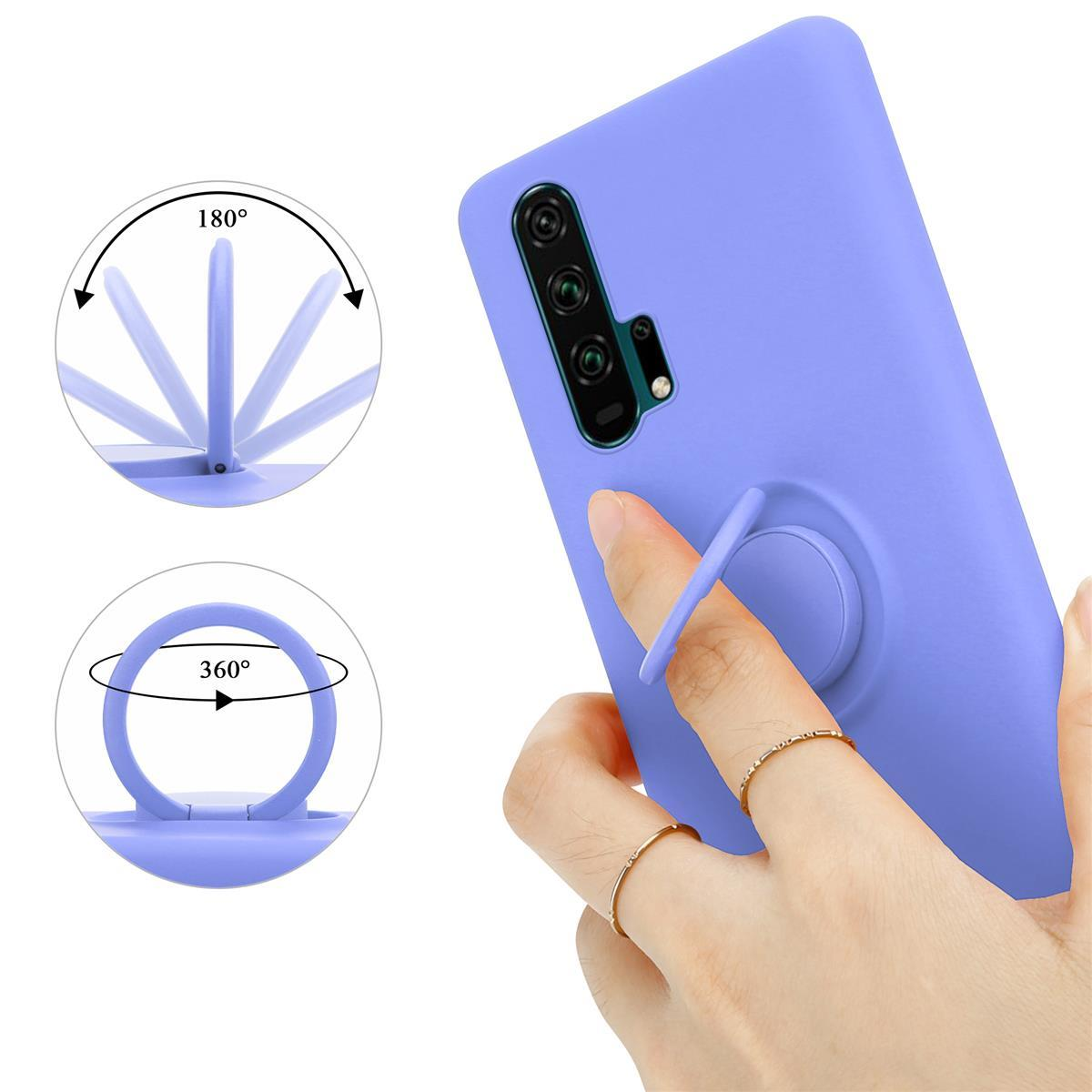 Custodia per telefono lilla chiaro con supporto ad anello. Mostra l'anello che ruota di 180 e 360 gradi.