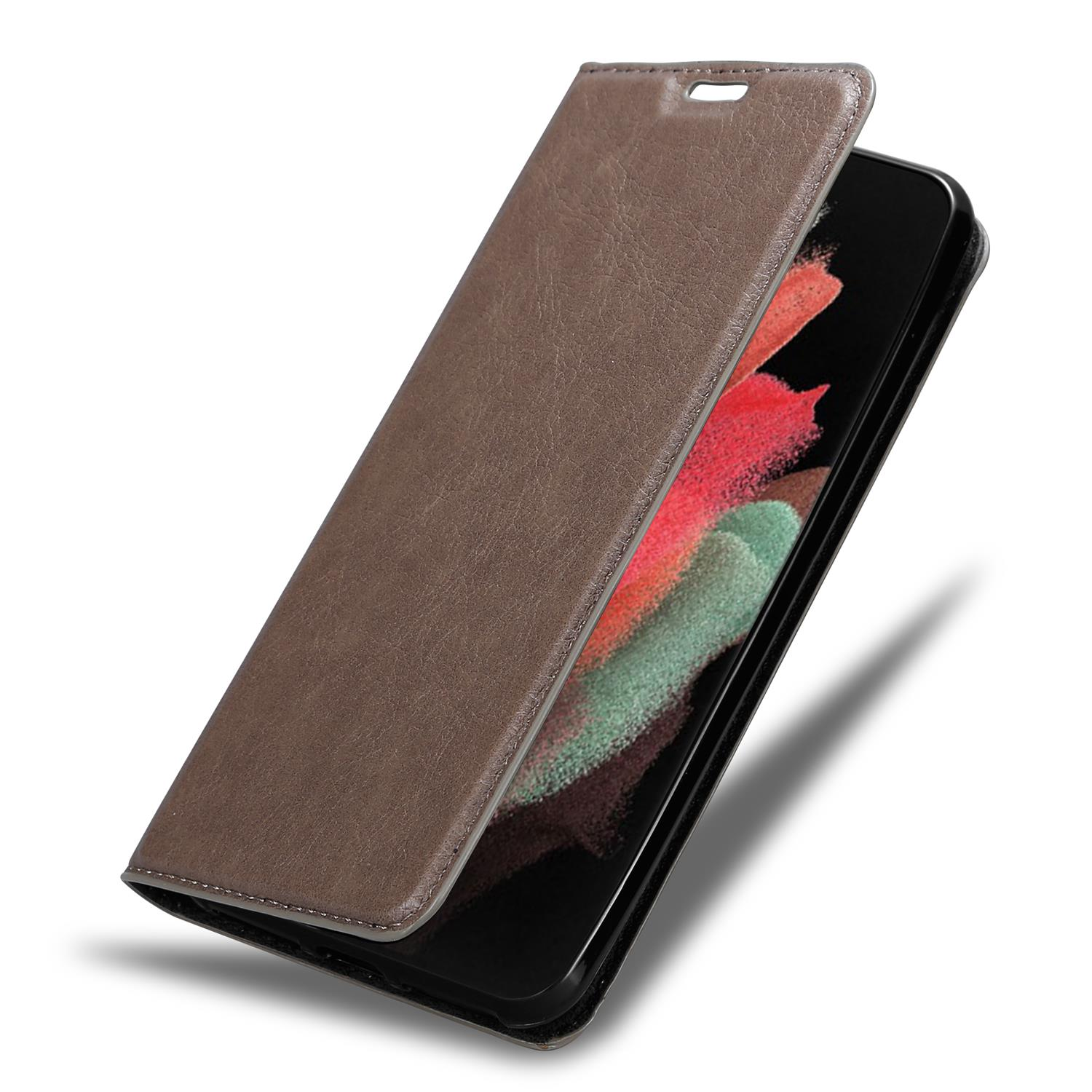 Eine braune Handyhülle, geöffnet, zeigt ein Handy mit farbenfrohem Bildschirm.