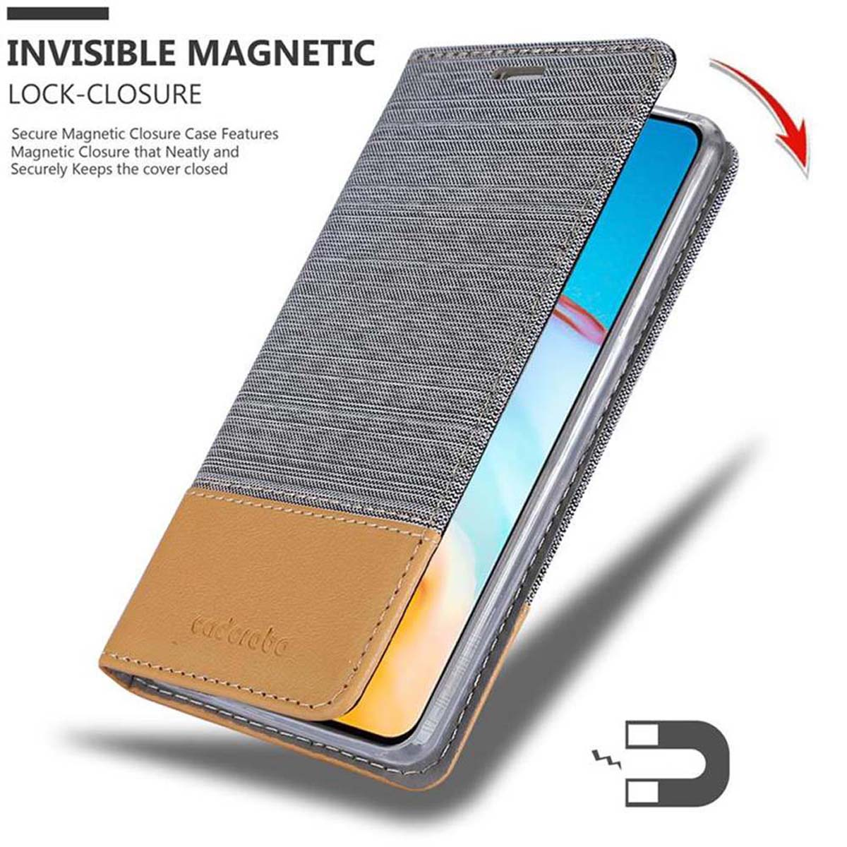 Eine Handyhülle mit Magnetverschluss. Die Hülle ist grau und braun. Ein Magnet wird daneben gezeigt.