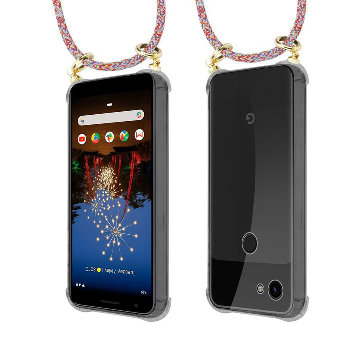 Zwei Telefone mit Hüllen und Lanyards, die oben hängen, eines zeigt den Bildschirm, das andere die Rückseite.
